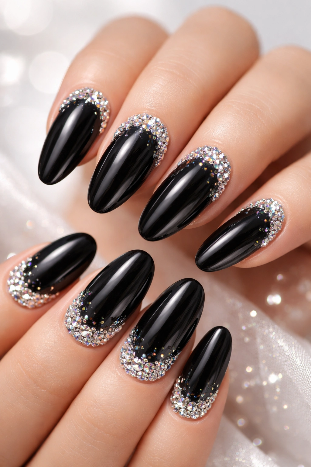 Close-up of black nails with rhinestones along tips and edges