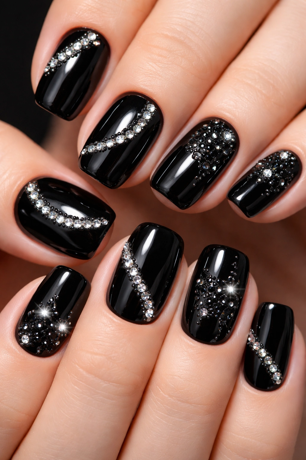 Black nails with rhinestone patterns on short squoval nails