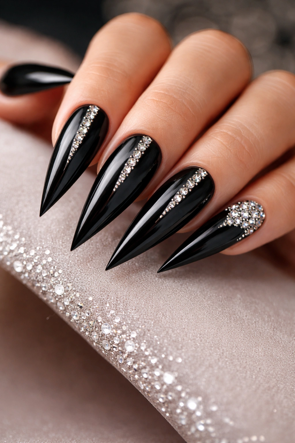 Close-up of black stilettos with rhinestone details