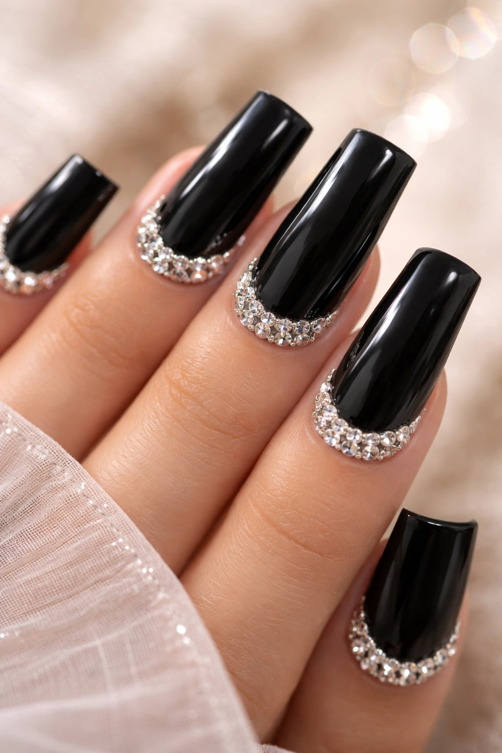 Close-up of black duck nails with rhinestone embellishments
