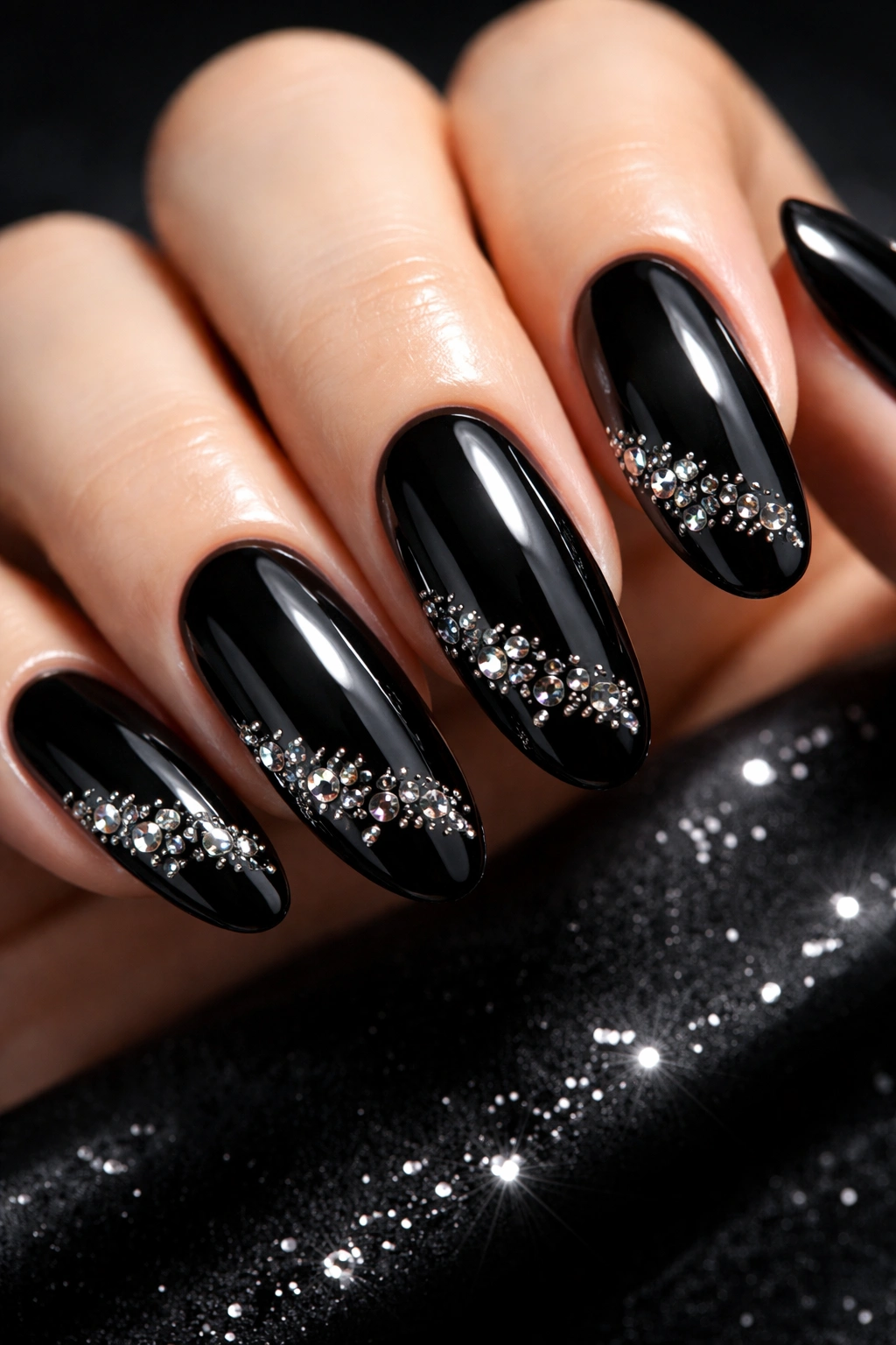 Close-up of glossy black long-oval nails with scattered rhinestones