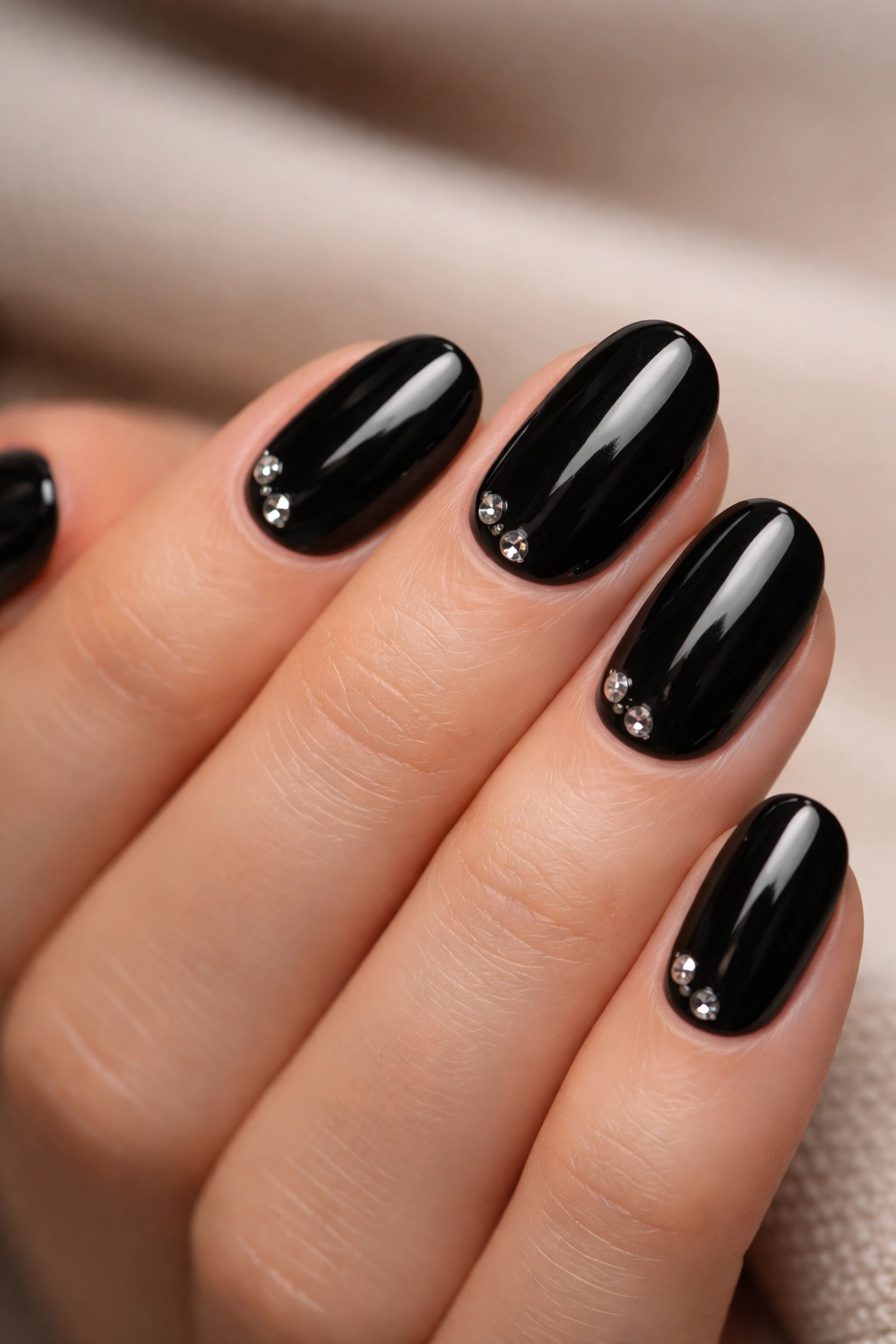 Close-up of short black nails with tiny rhinestones near the cuticle