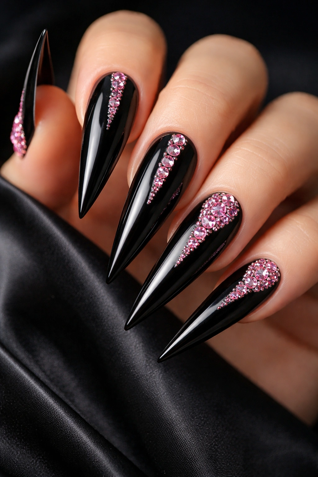 All-black stiletto nails with pink rhinestones arranged in patterns