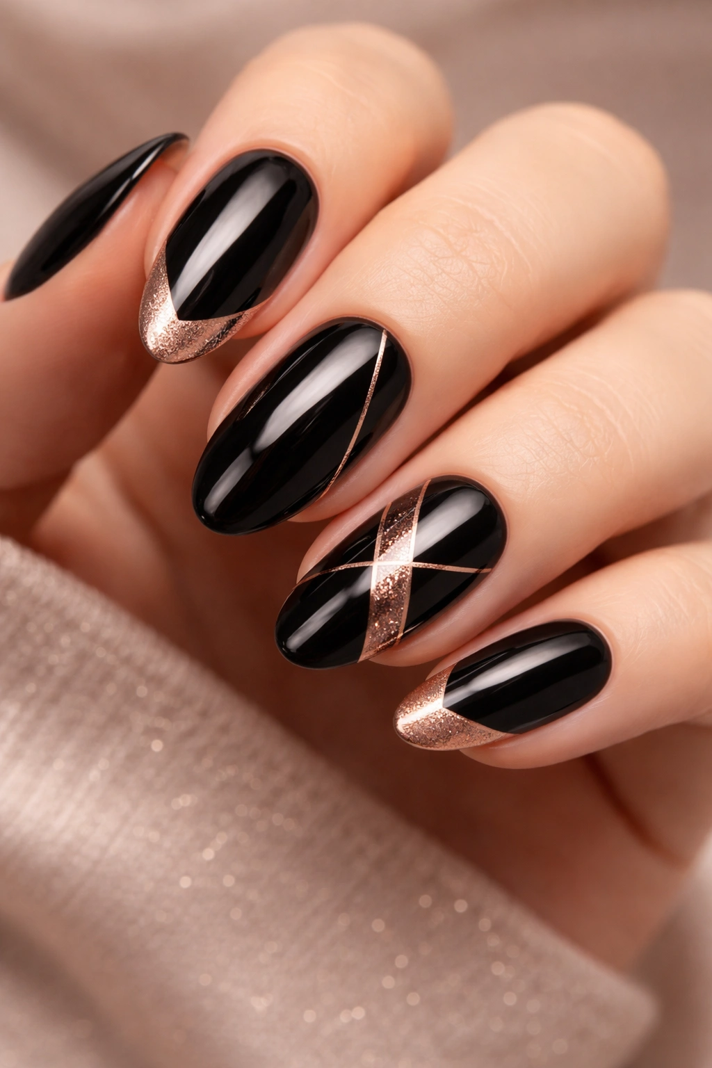Close-up of black nails with rose gold accents