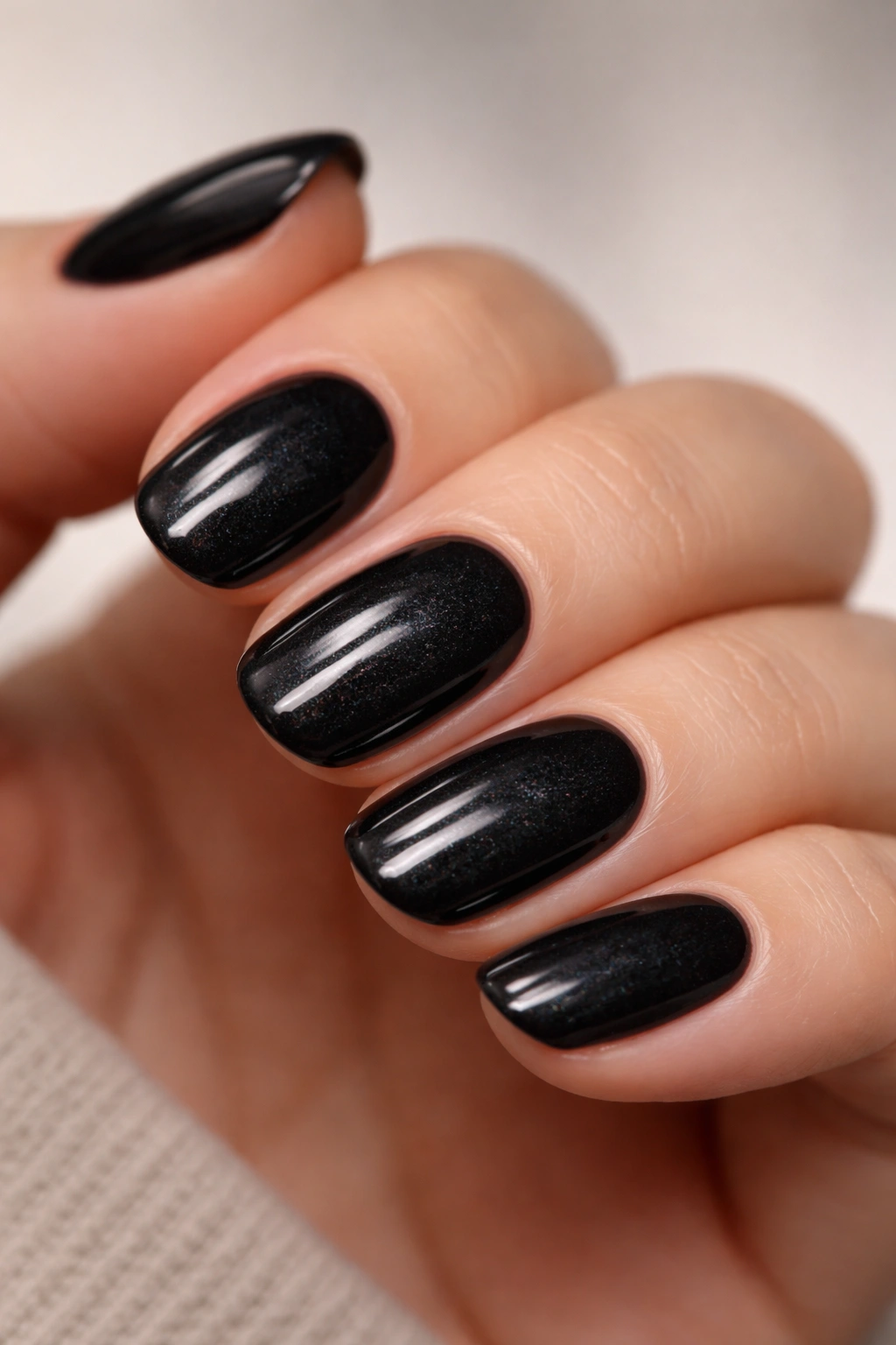 Close-up of short oval nails with black polish and barely-there iridescent shimmer