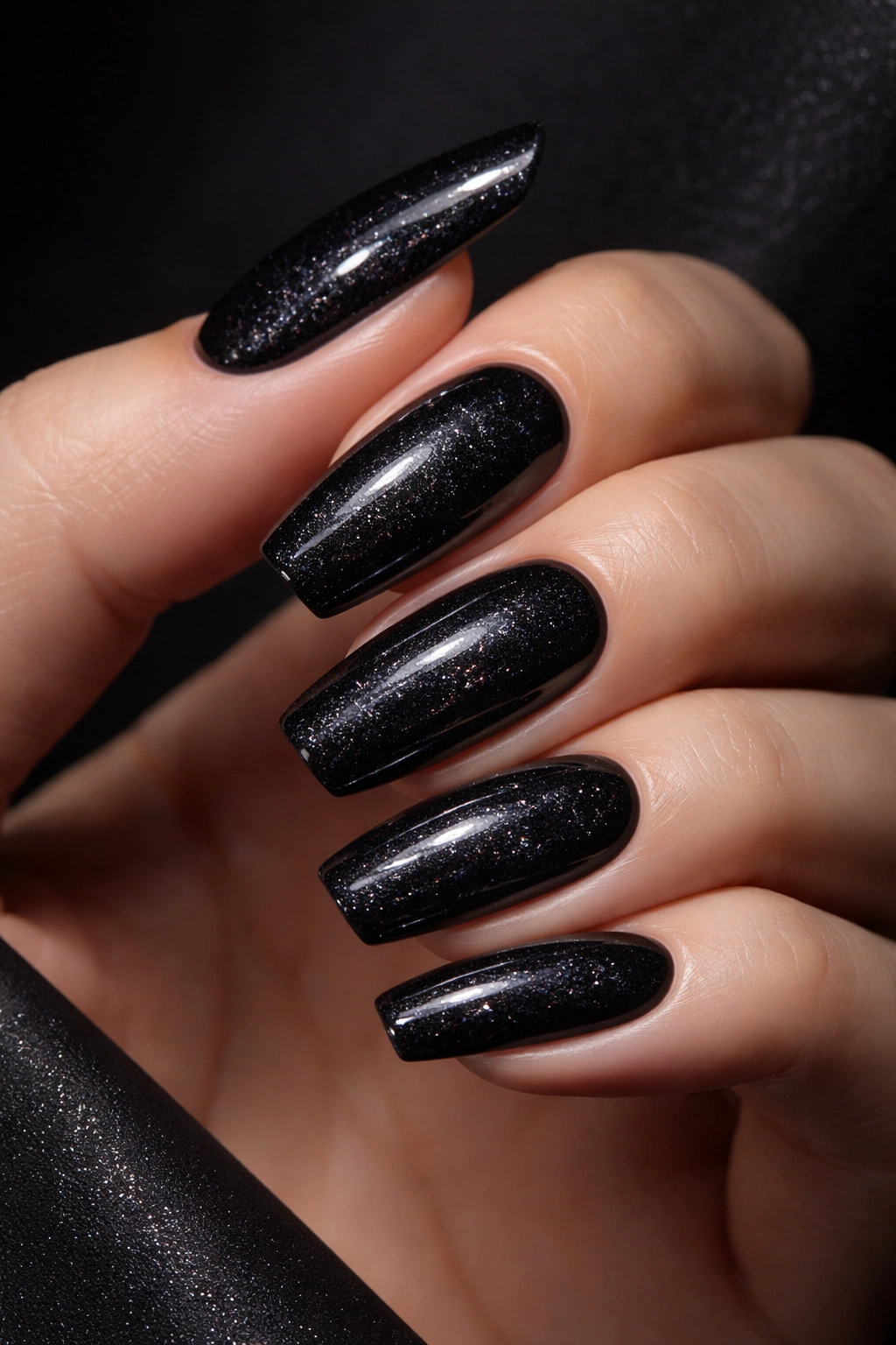 Close-up of black nails with subtle silver shimmer under studio lighting