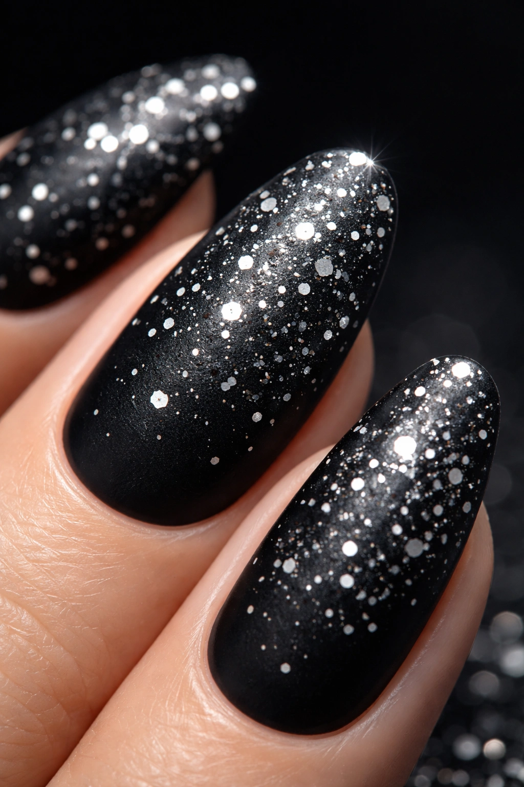 Close-up of long oval black nail with silver confetti accents
