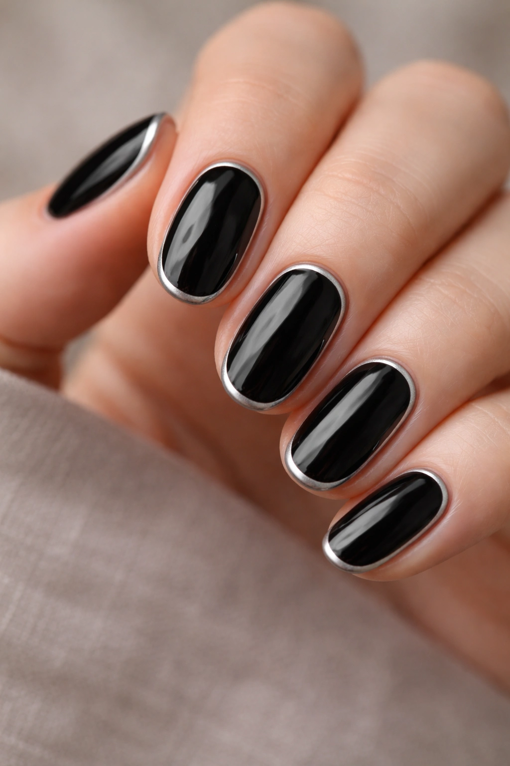 Short oval black nails with a thin silver outline along the edges