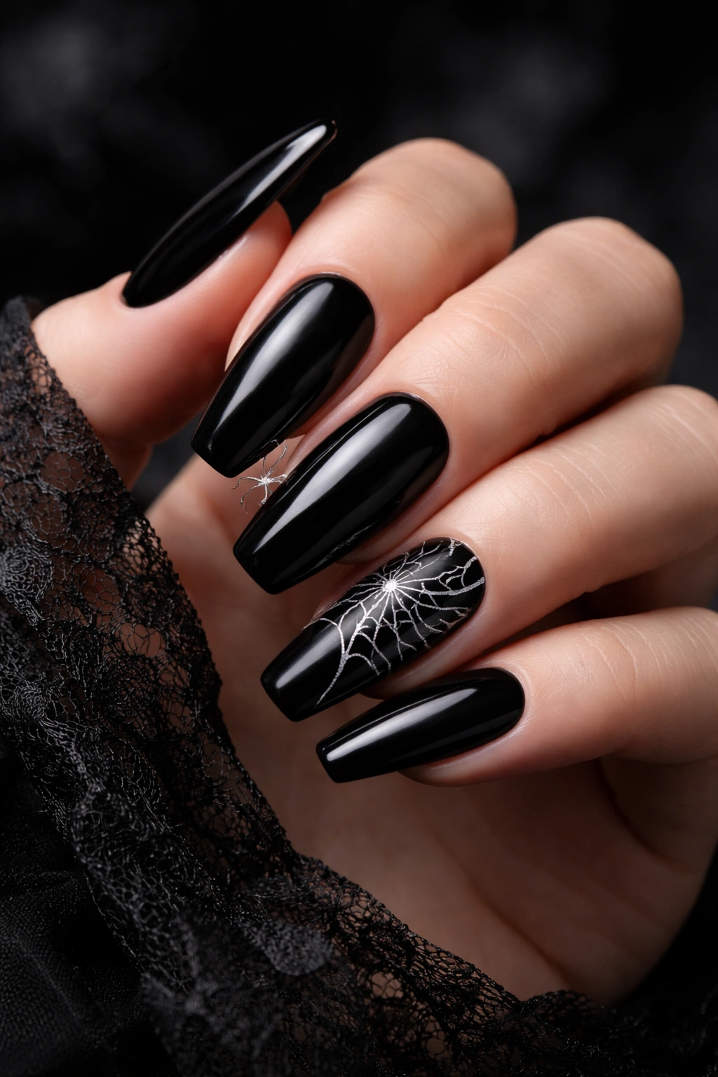 Black nails with a white spider web design on the accent nail