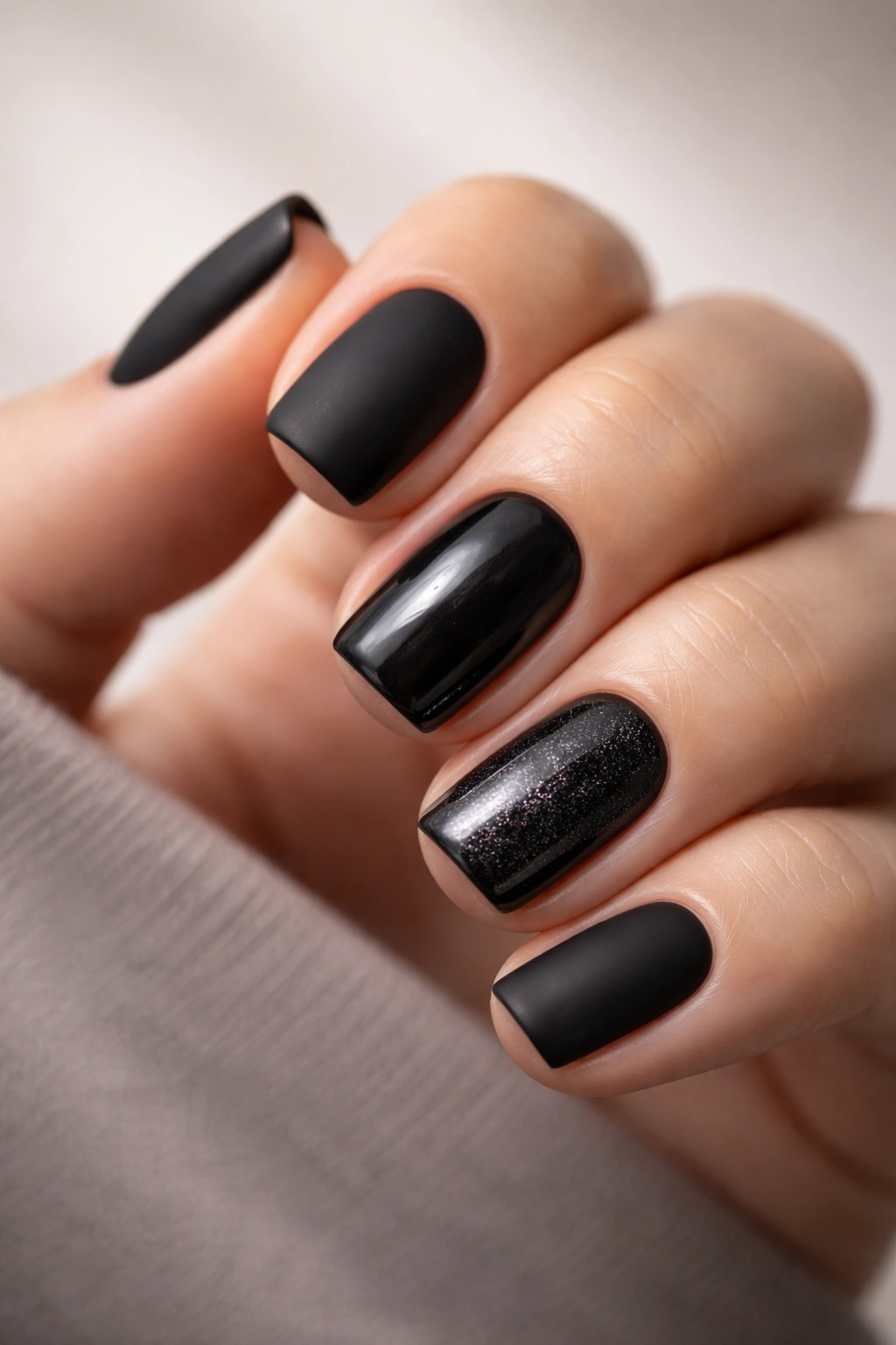 Close-up of a hand with black squoval nails in matte and satin finishes on a neutral background