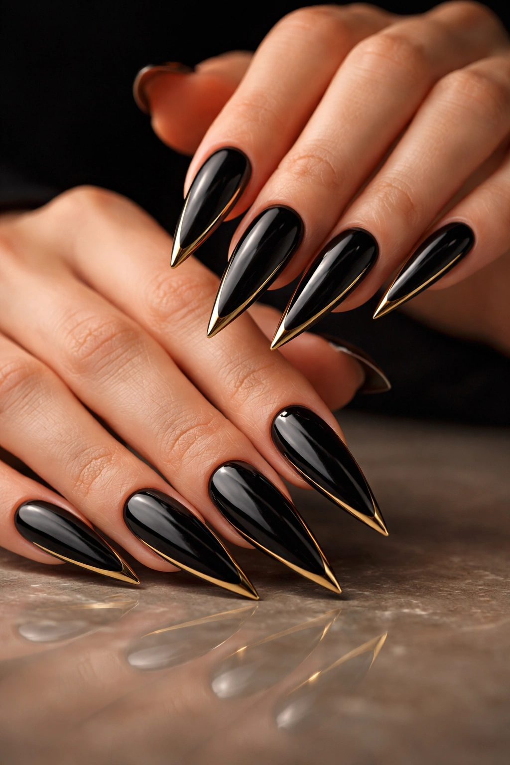 Close-up of black stiletto nails with gold accents on a neutral studio surface