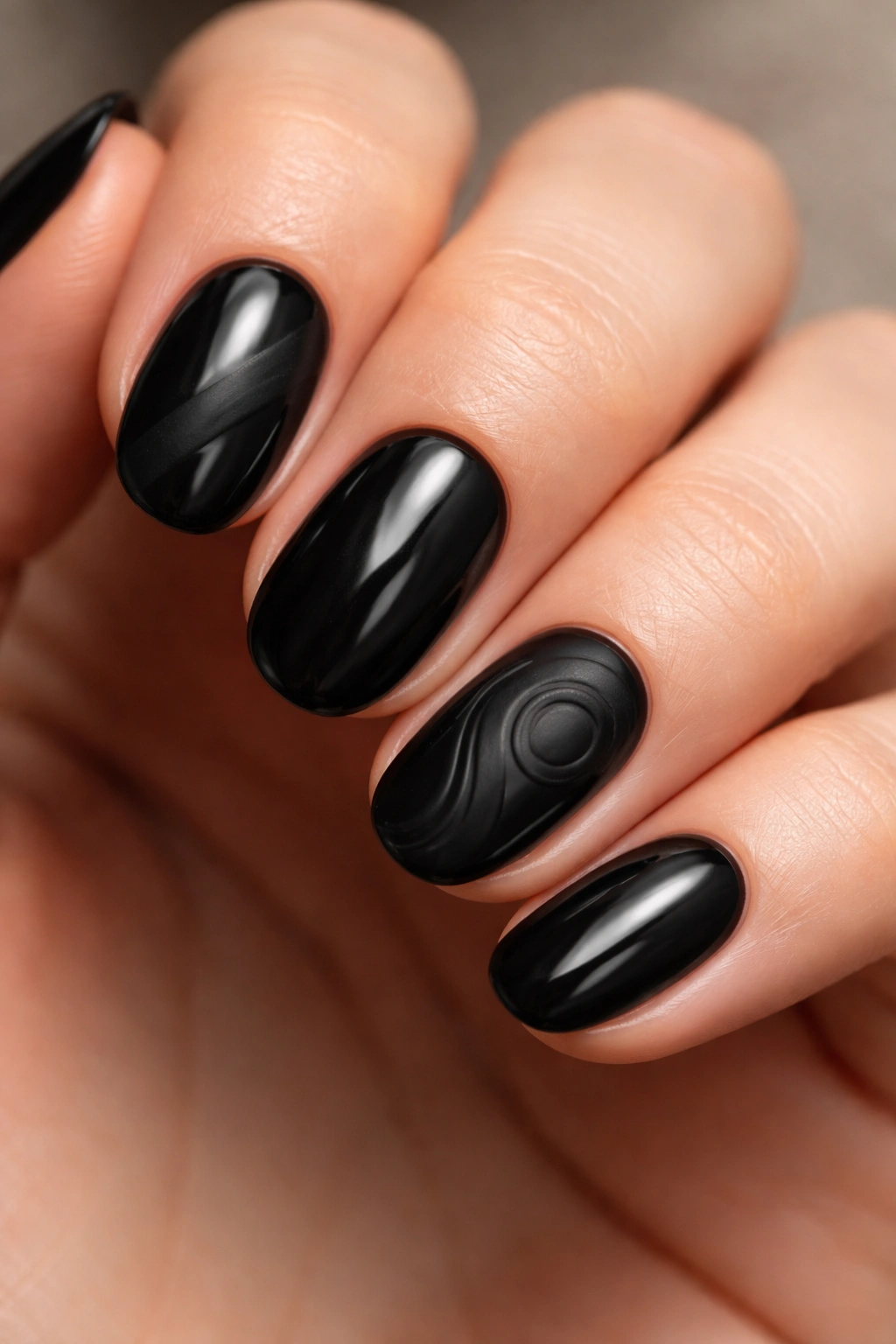 Short oval nails with subtle black-on-black texture