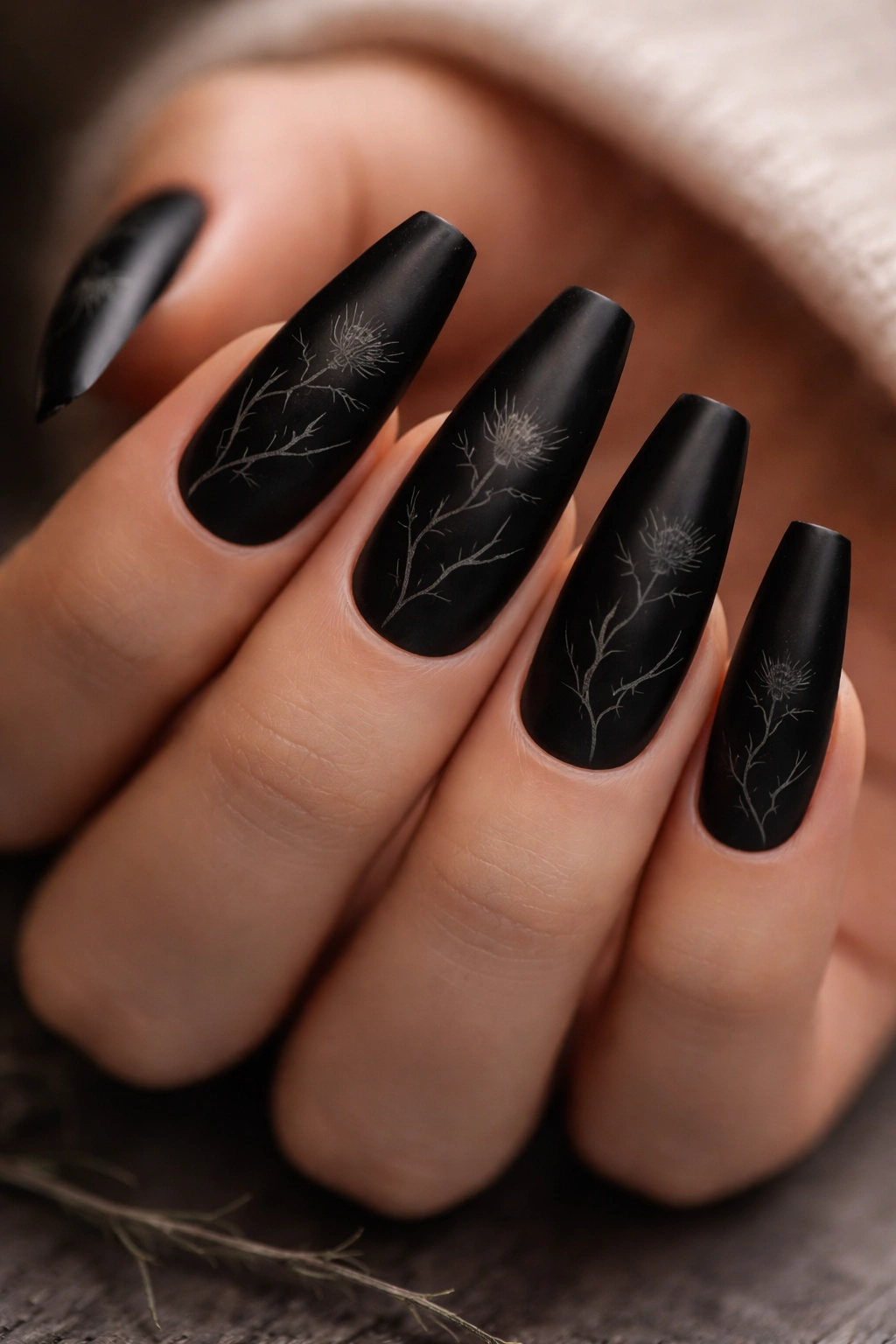 Black coffin nails with delicate thistle and thorn line art