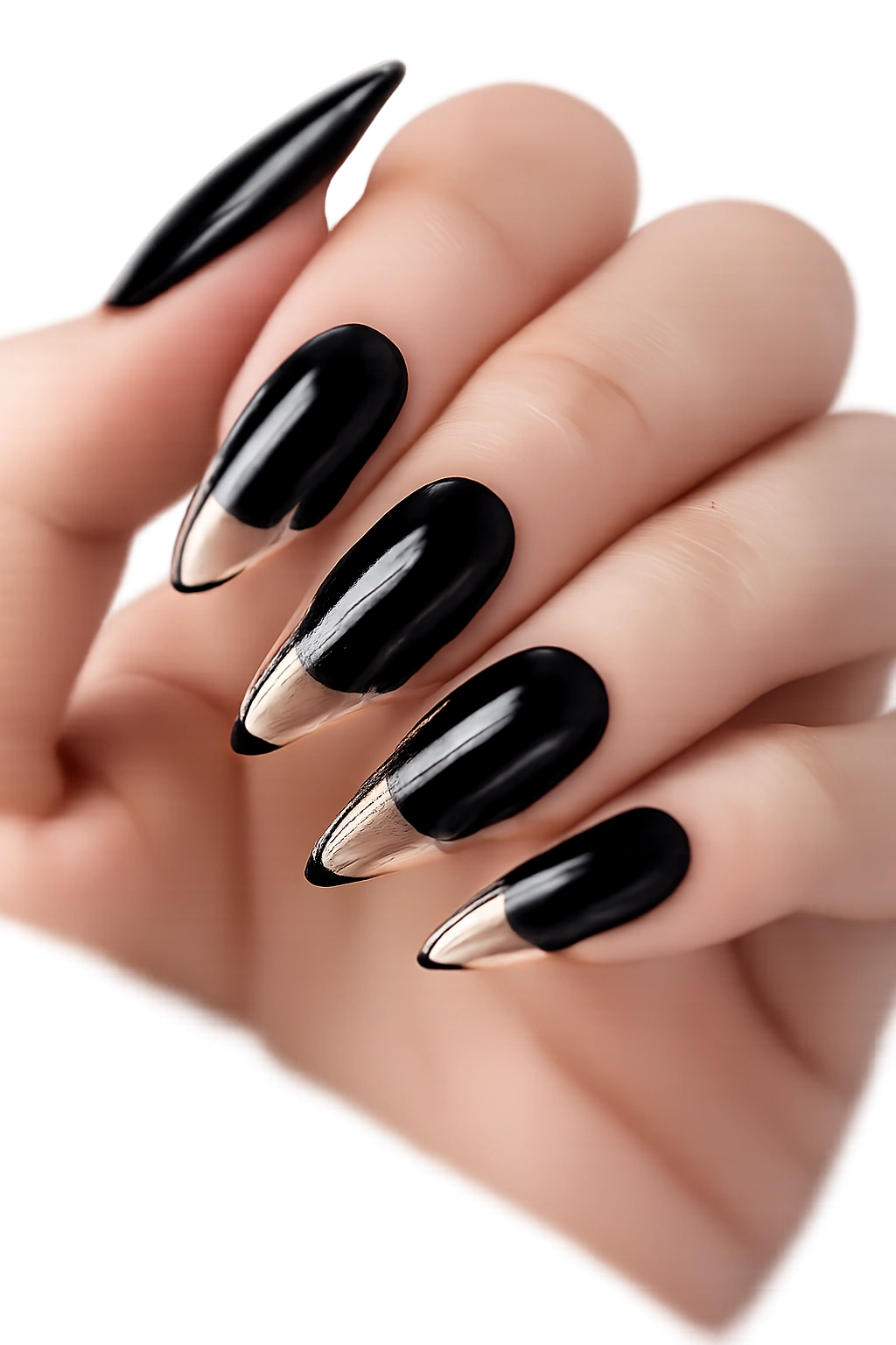 High-gloss black nails with transparent tips showing natural nail