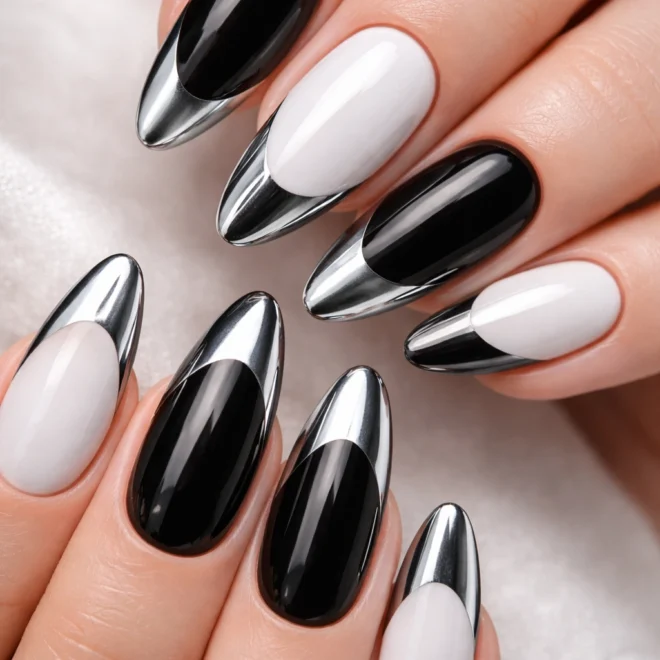10 Black and White Chrome Nails That Contrast