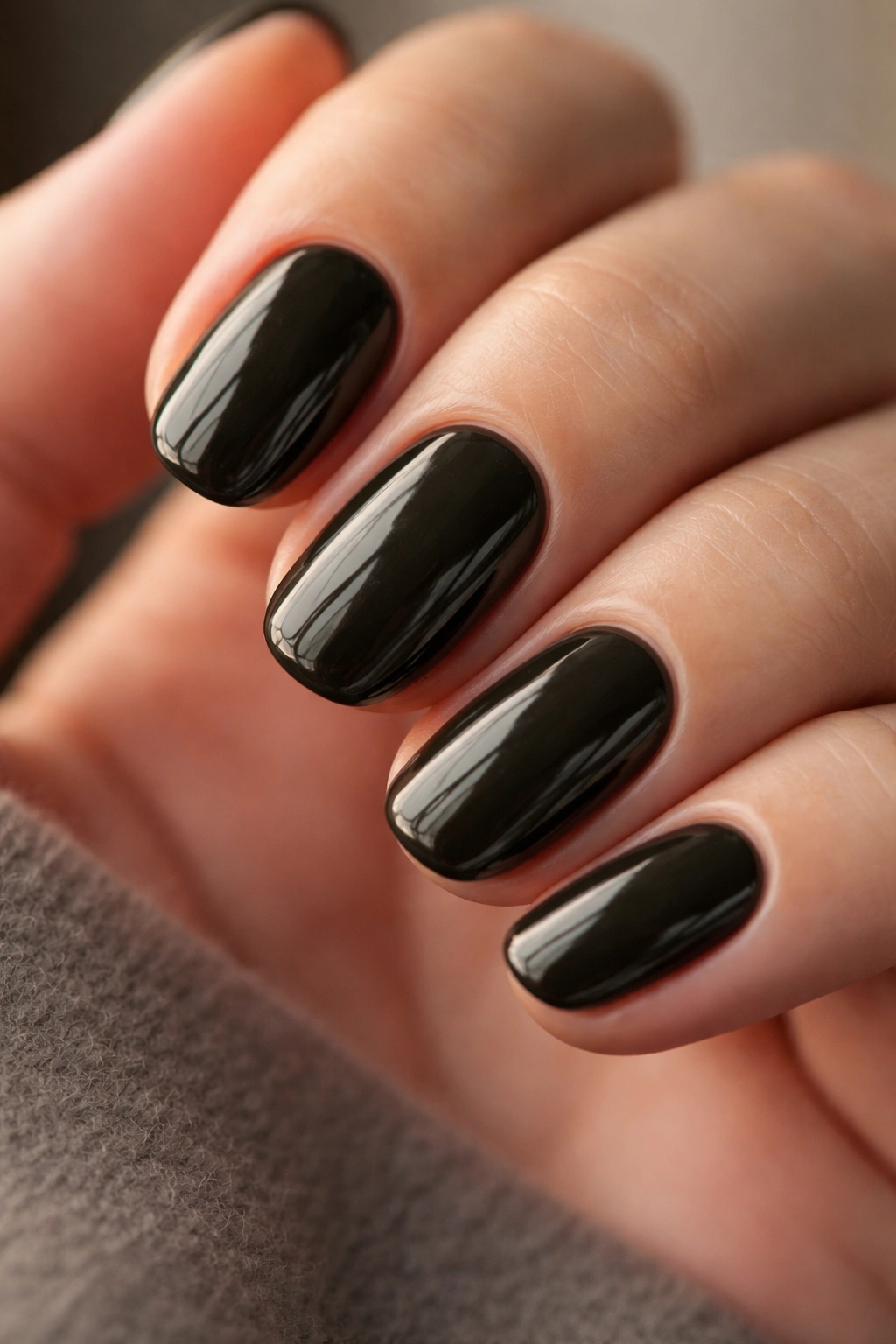 Close-up of black olive short oval nails with glossy finish on a neutral backdrop