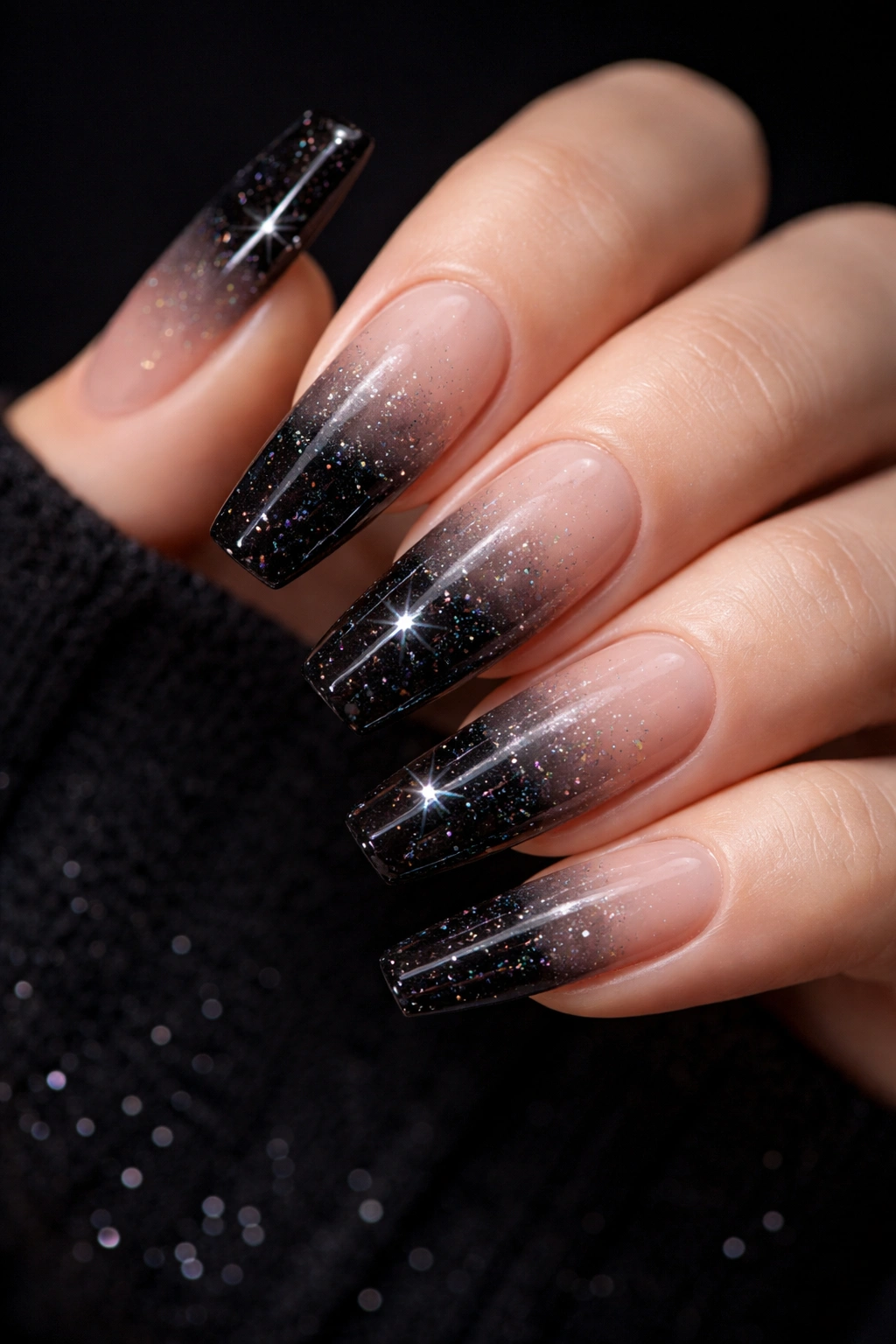 Close-up of black ombre coffin nails with starry glitter