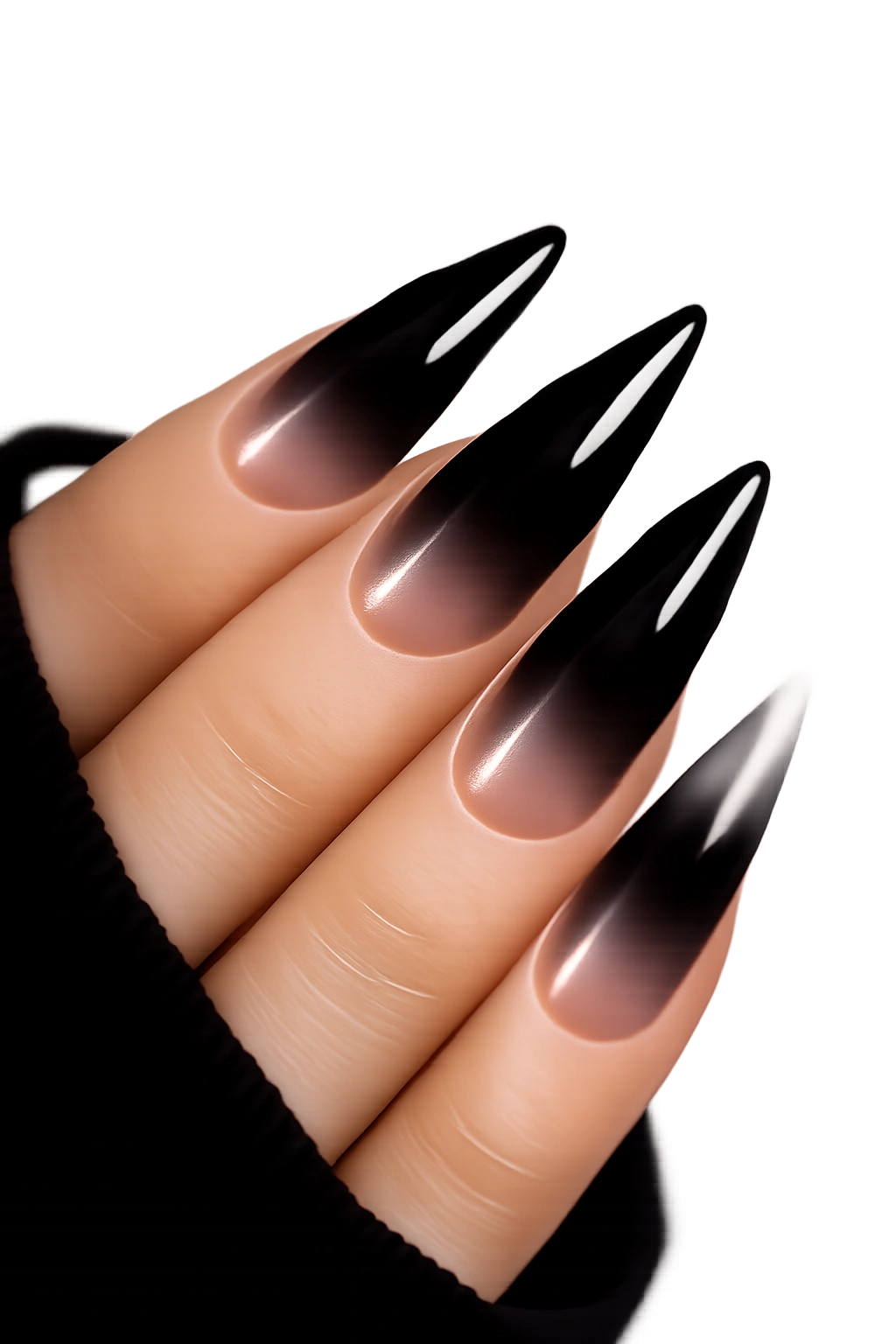 Close-up of black ombre nails fading to clear at the tips