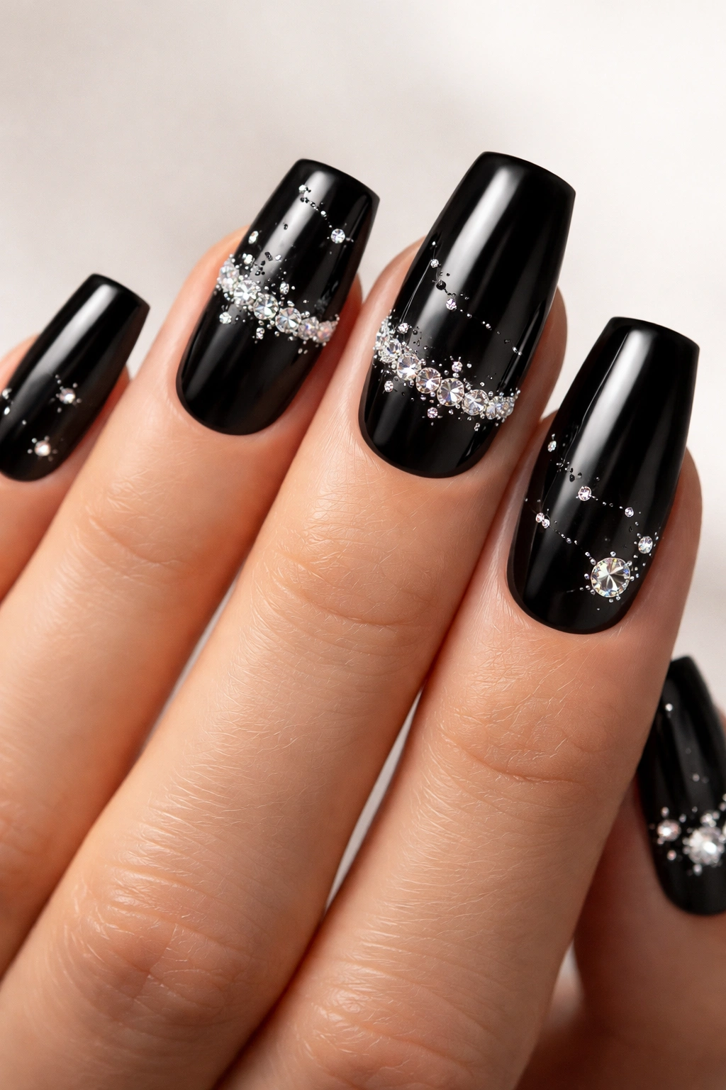 Black onyx nails with diamond sparkle accents