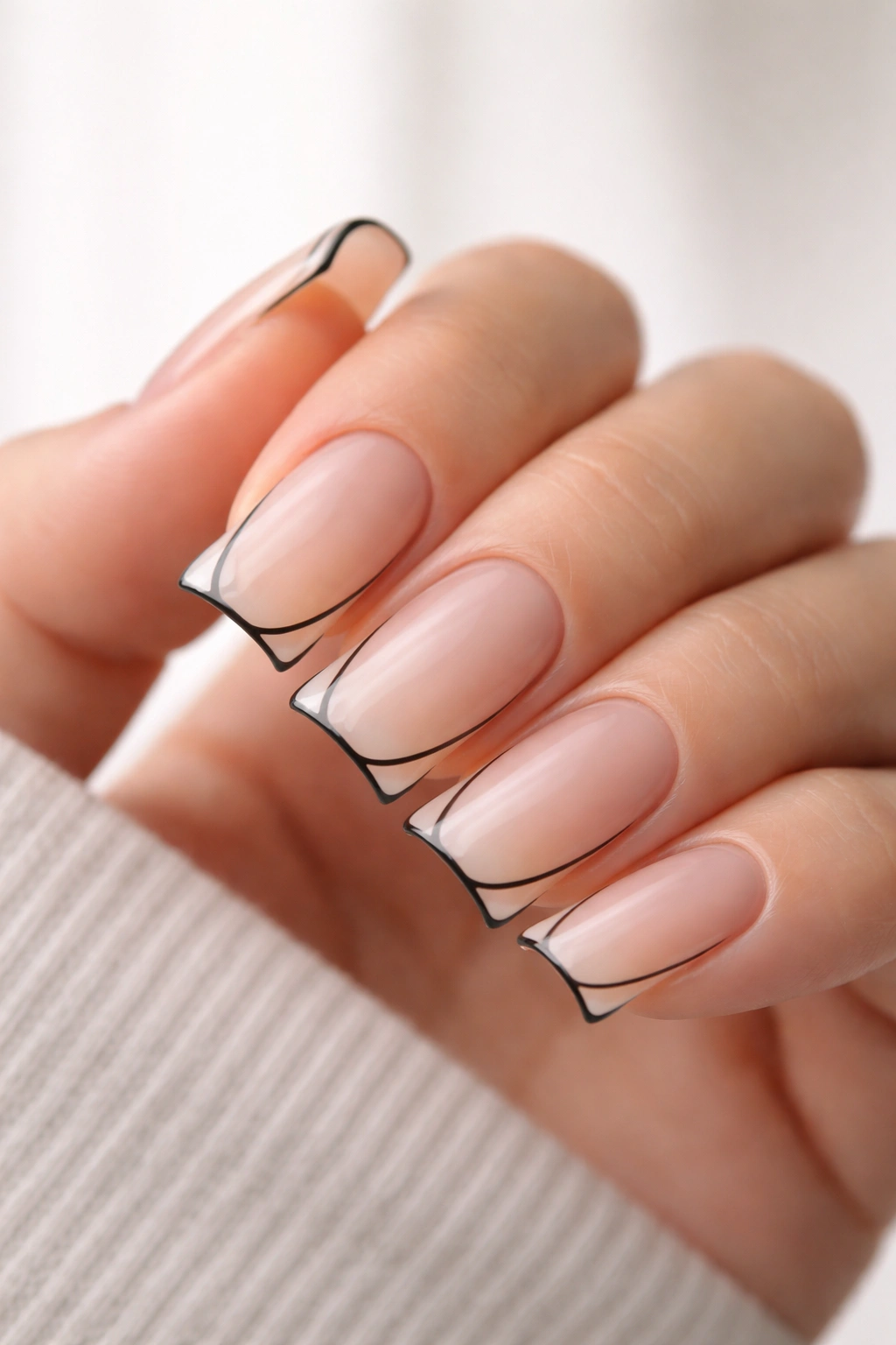 Close-up of nude duck nails with a thin black outline on a bare hand