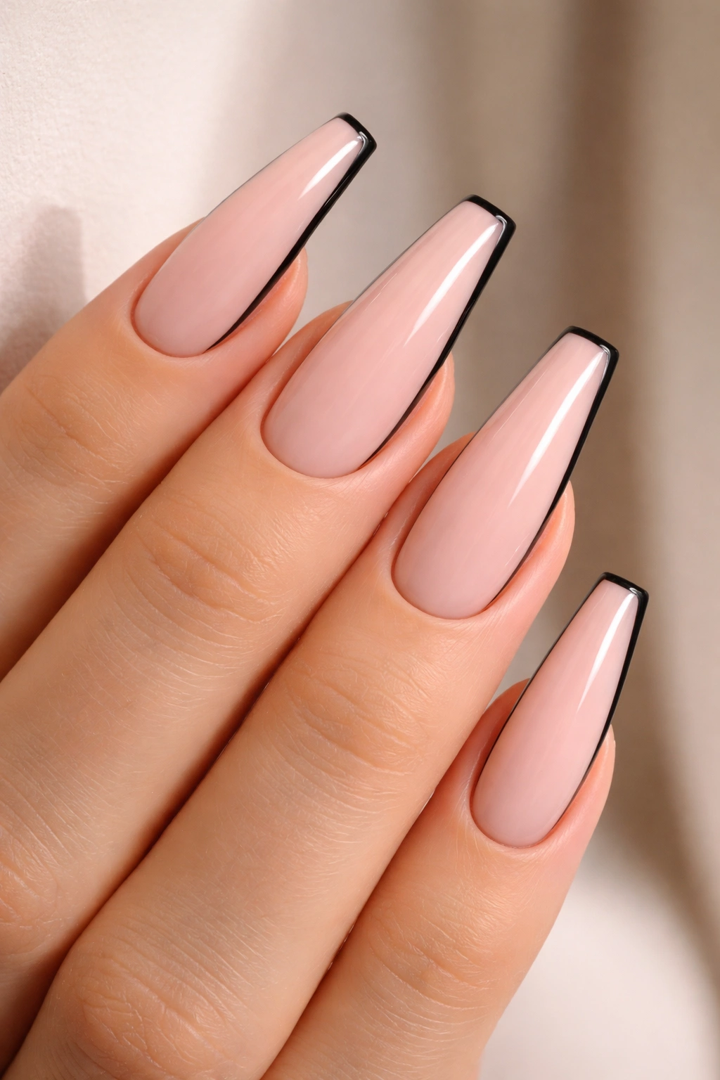 Close-up of black-outline ballerina nails on a nude base with crisp lines.