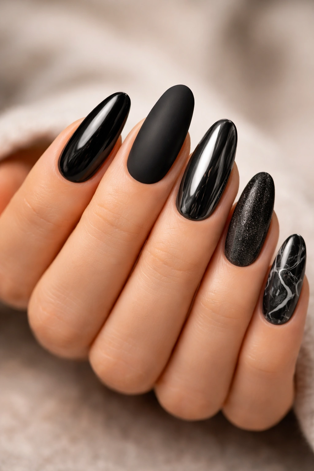 Hand displaying five long black oval nails with different finishes to illustrate design options