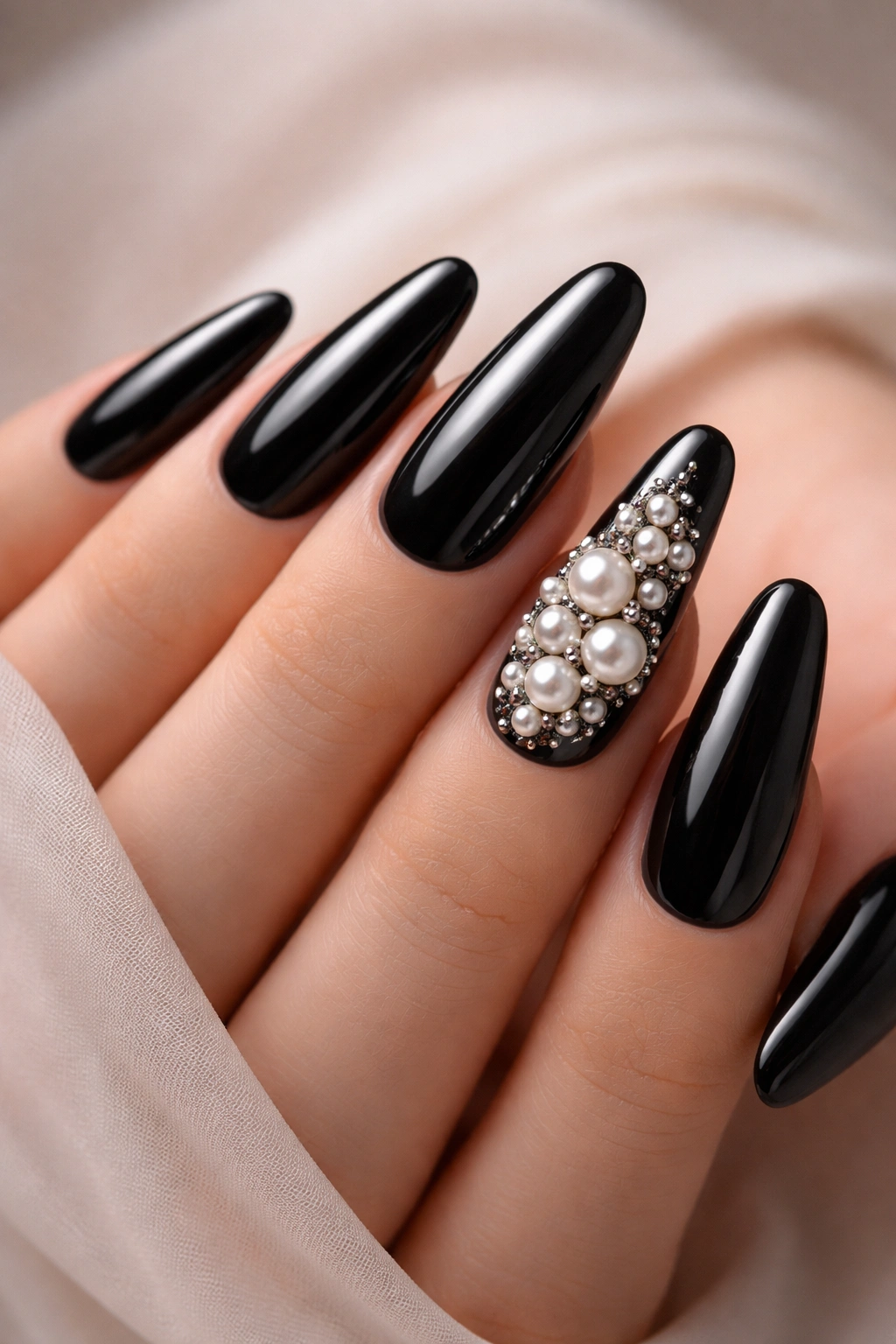 Close-up of black nails with pearl embellishments for an elegant look