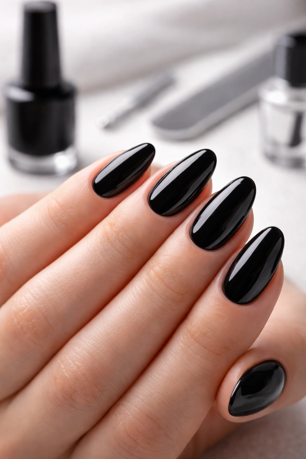 Close-up of nails prepared for black polish with smooth surfaces and neat cuticles