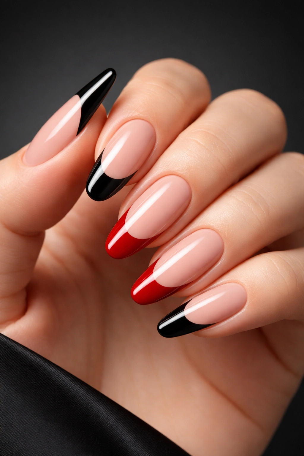 Close-up of hand with black and red french tips on nude base