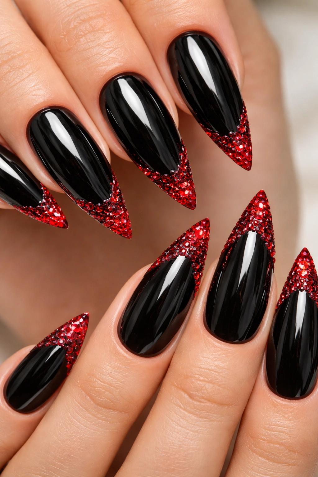 Close-up of black nails with red jeweled tips catching light
