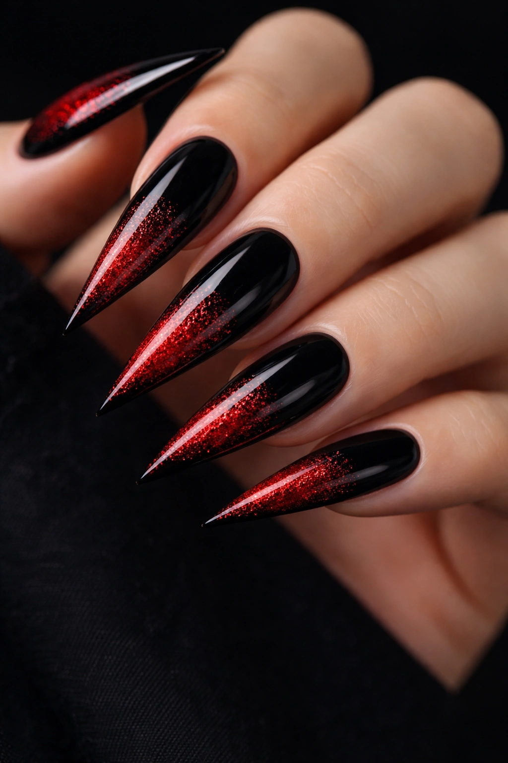 Close-up of black stiletto nails with red glitter ombre.