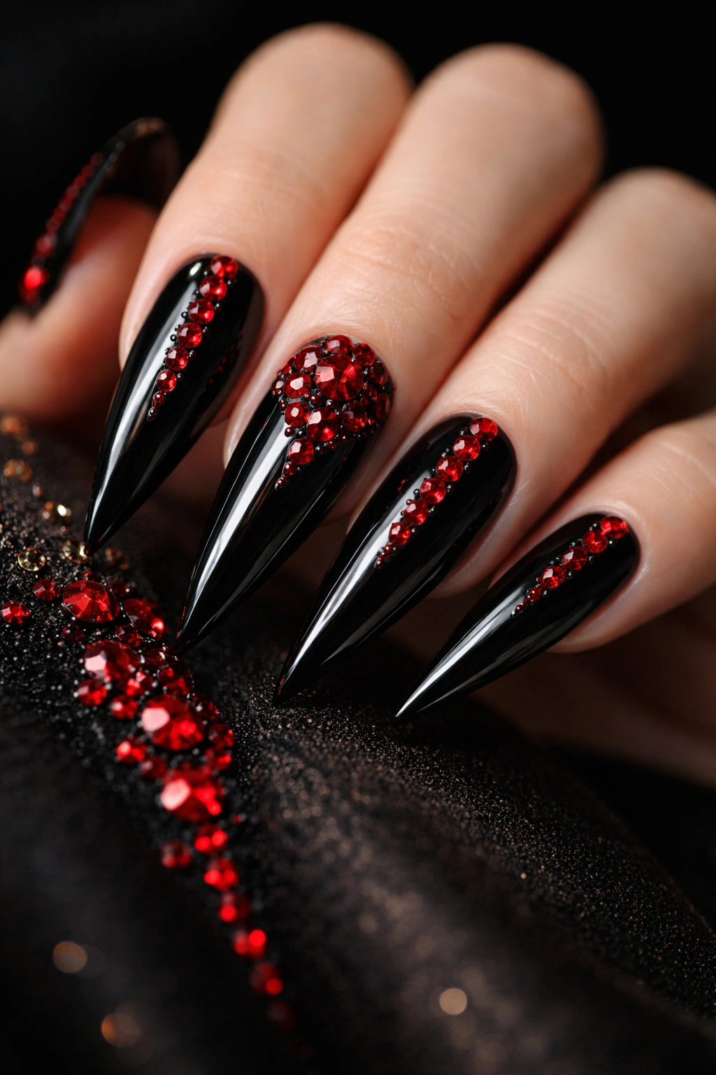 Black nails with red rhinestones accent.