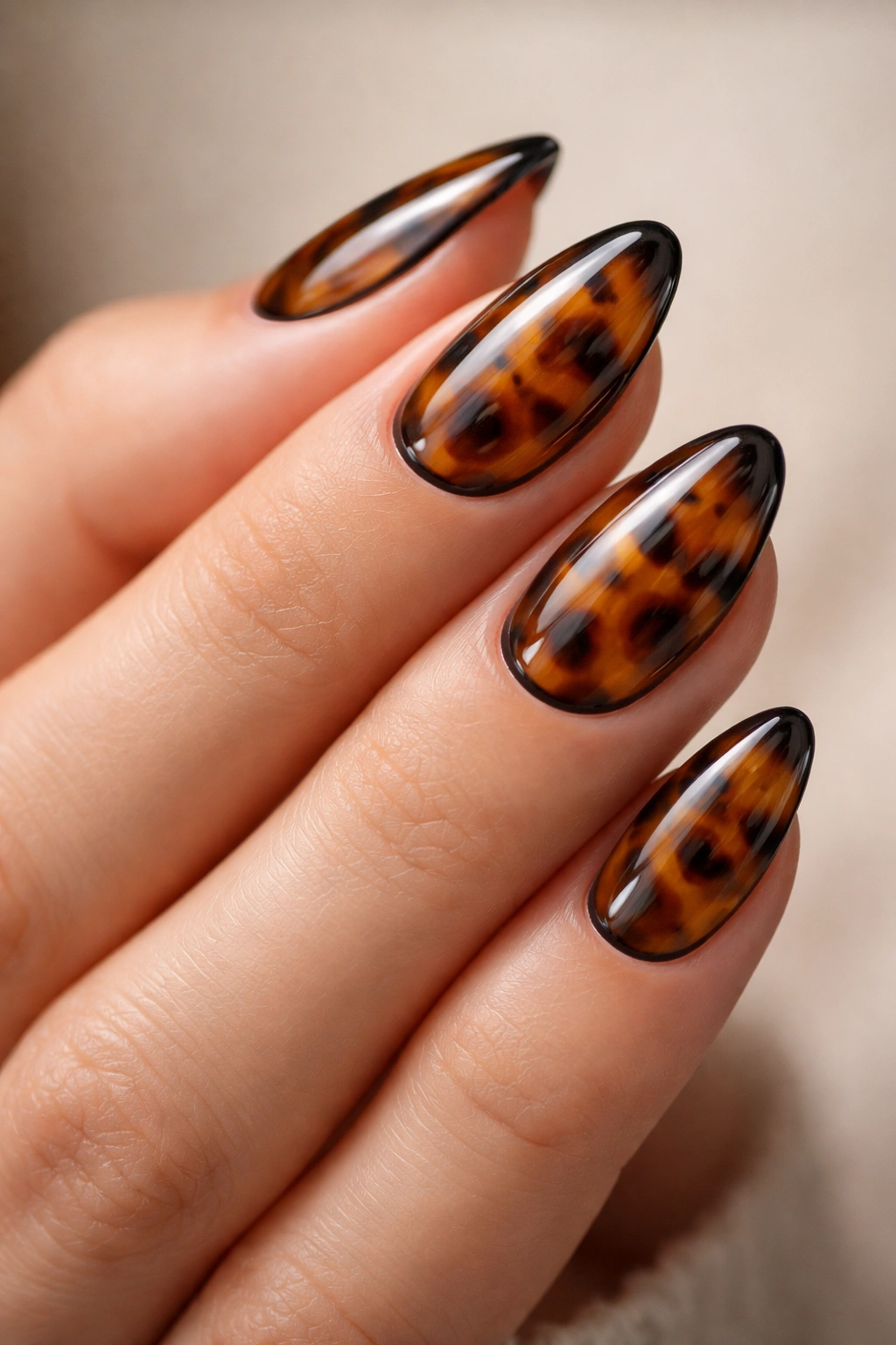 Close-up of short almond nails with black rim around tortoiseshell pattern