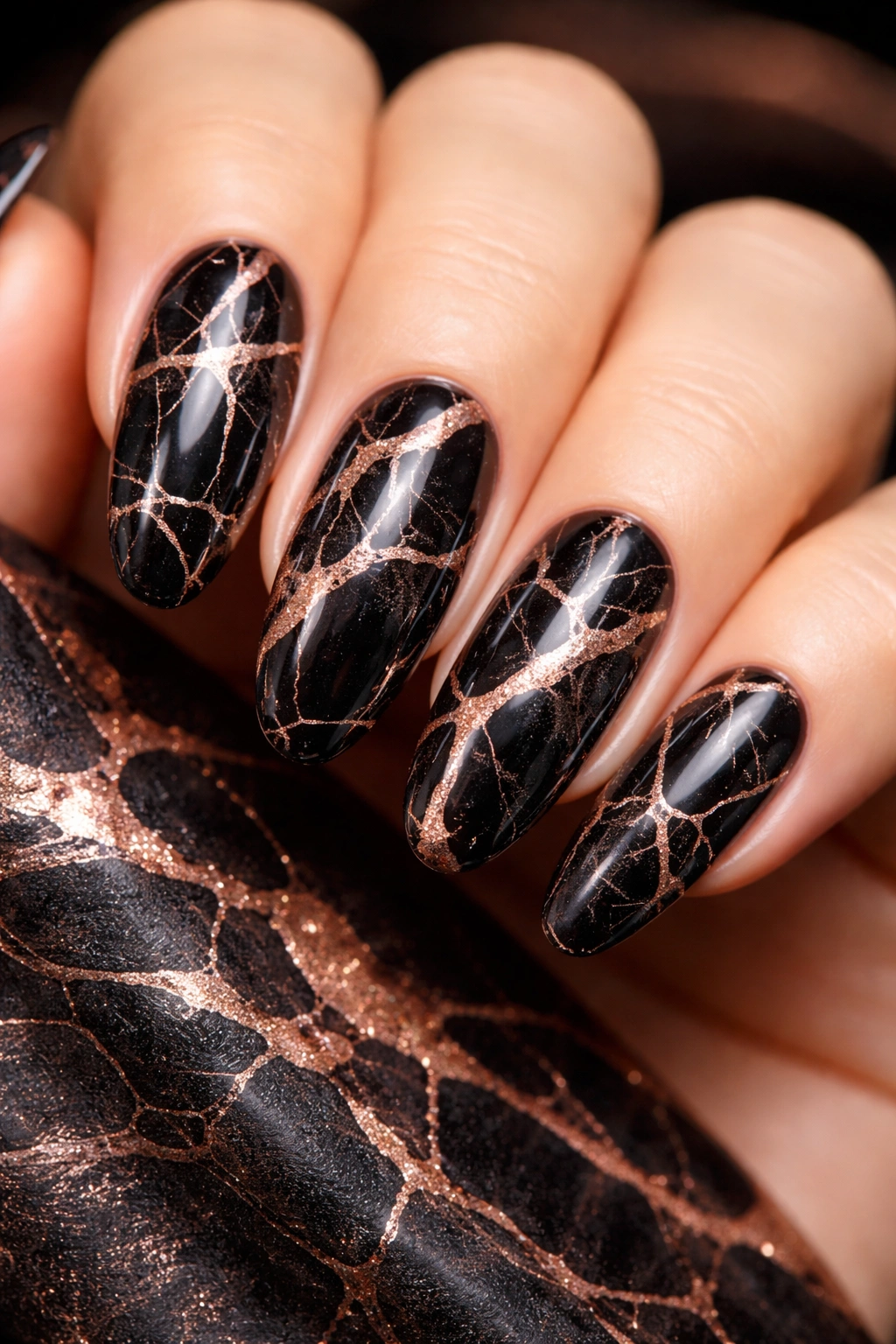 Black and rose gold marble nails on long rounds with veining