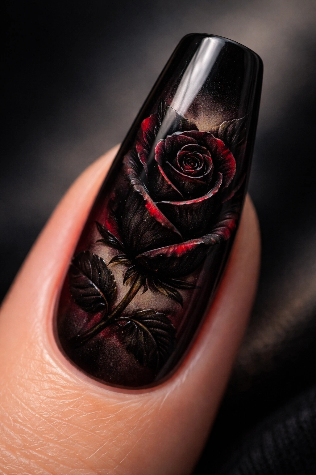 Coffin nail with black rose and deep red accents