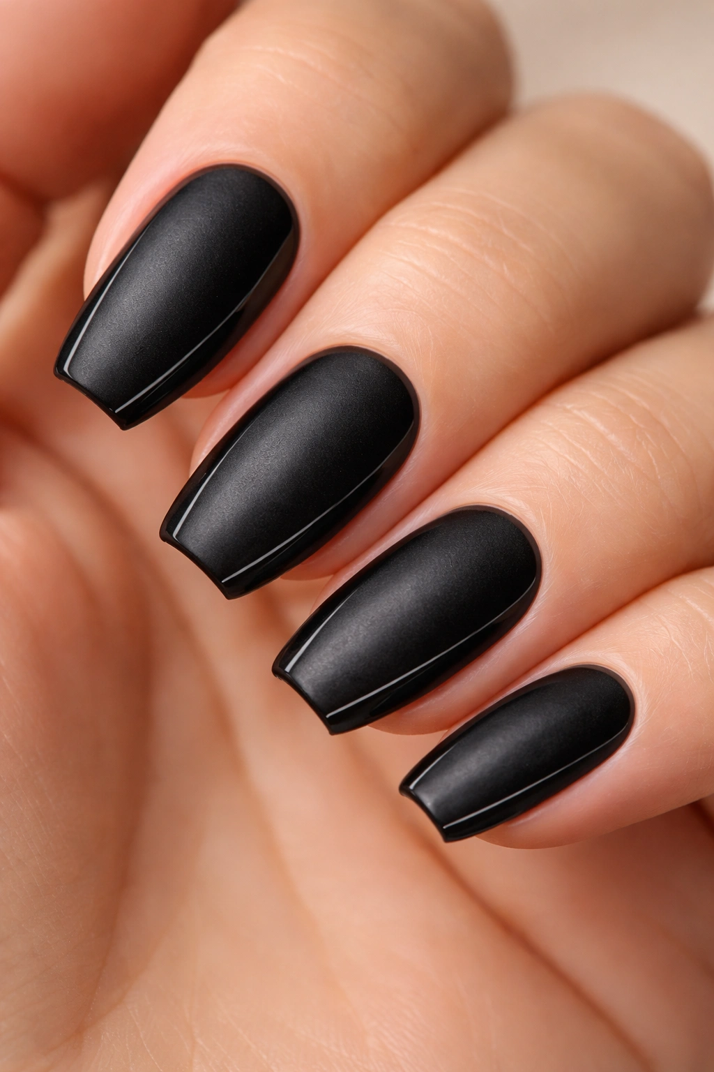 Short nails with satin black finish and gloss outlines