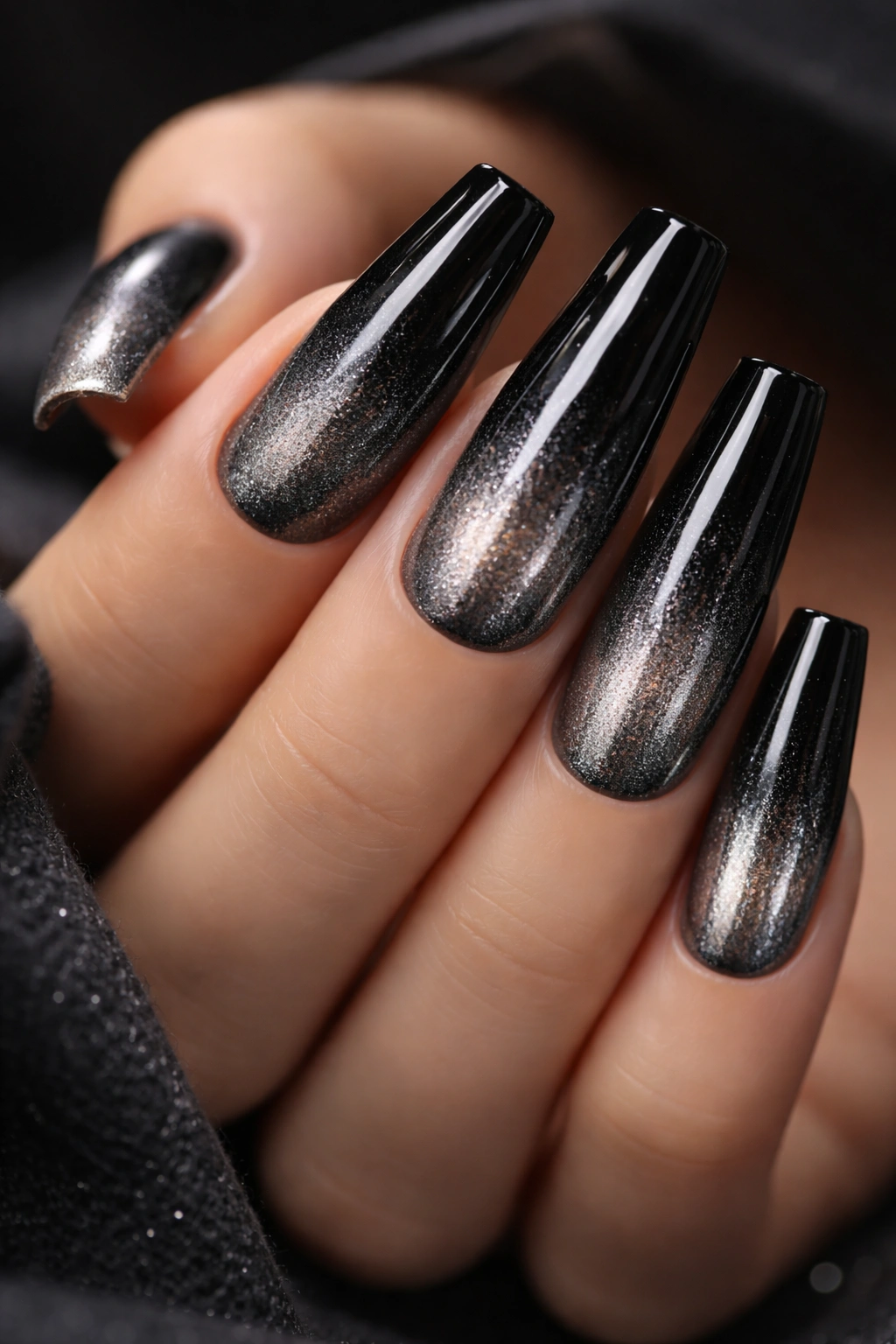 Black to silver metallic ombre on coffin nails