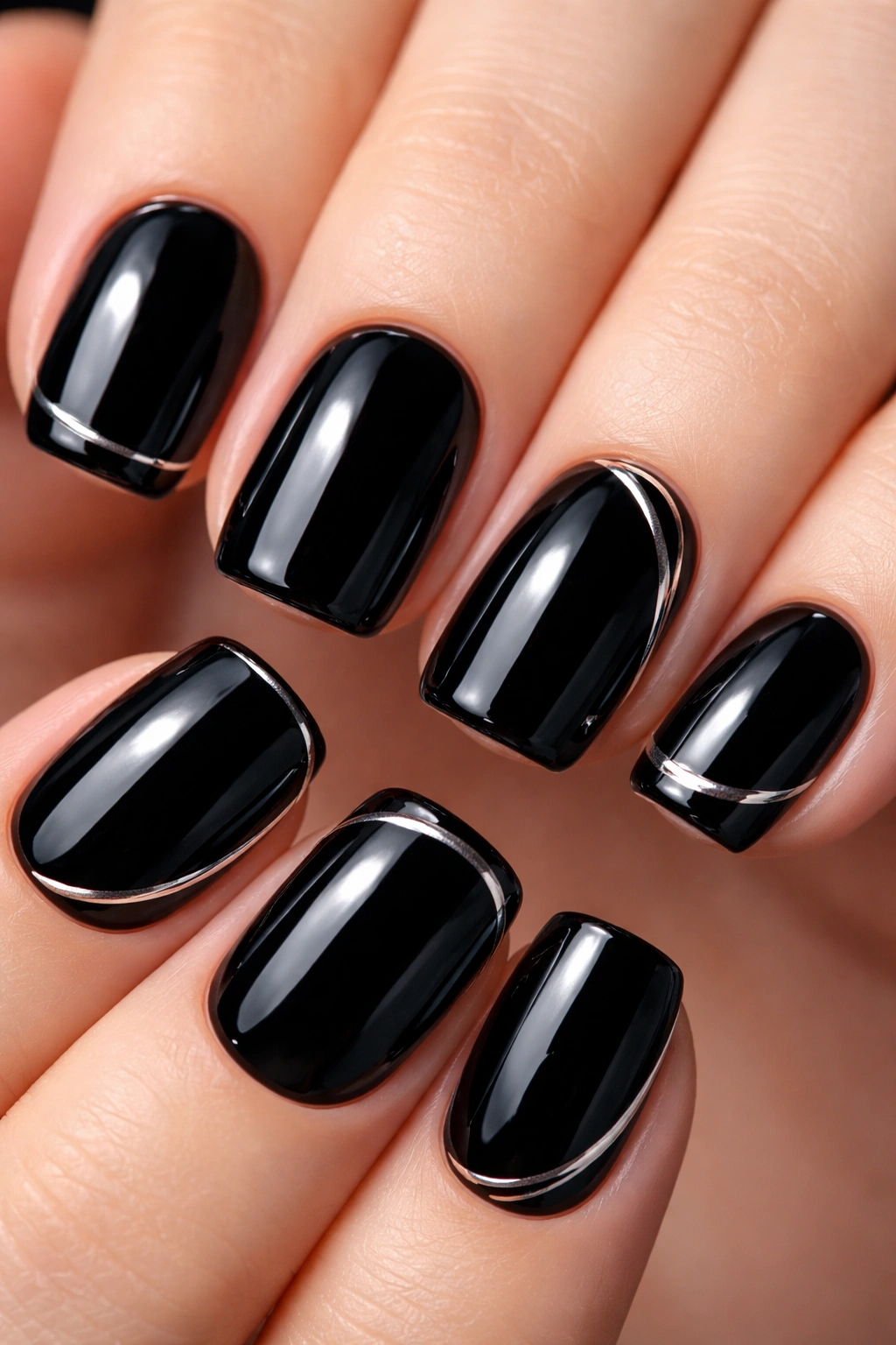 Close-up of black squoval nails with glossy finish and metallic accents