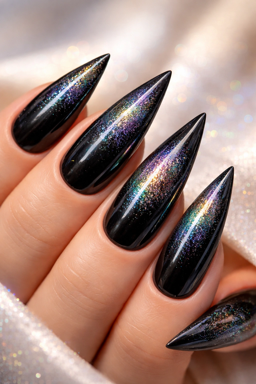 Close-up of black stiletto nails with holographic rainbow dust shimmer