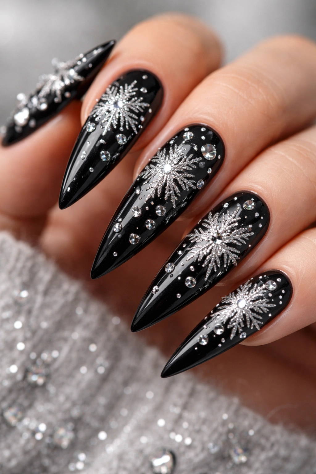Close-up of black stiletto nails with silver snowflakes and rhinestones