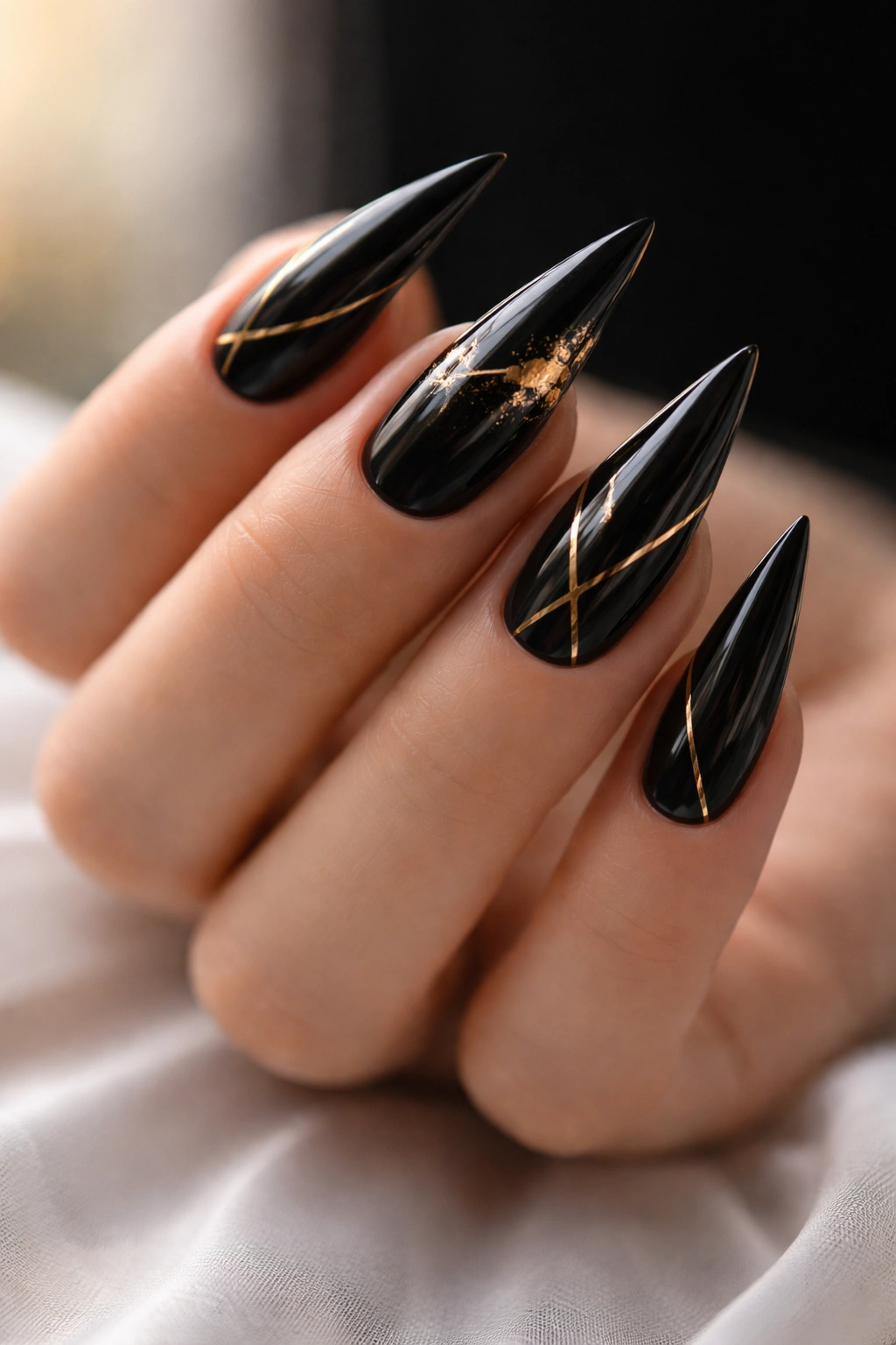 Black stiletto nails with gold accents on a neutral background