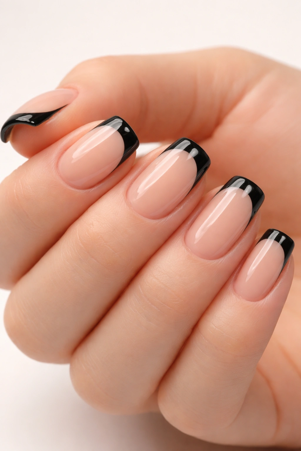 Close-up of nude nails with black French tips on short squoval shape