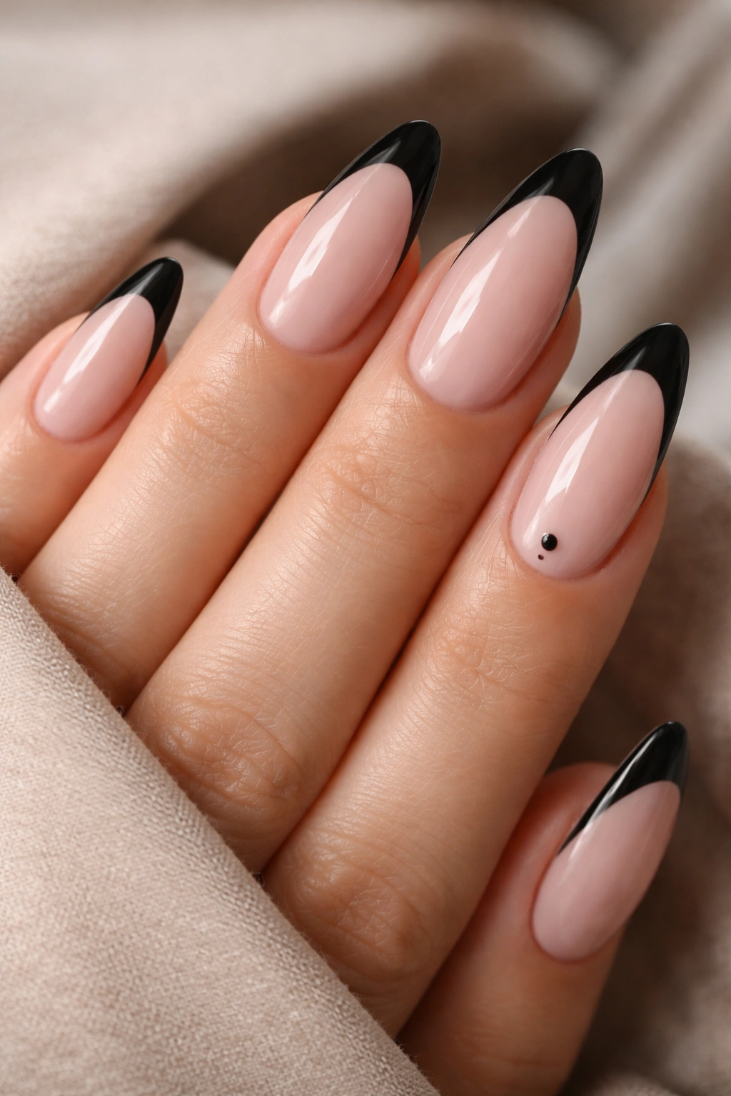 Almond nails with black tips on four nails and a barely-there accent nail with a small dot near the cuticle.