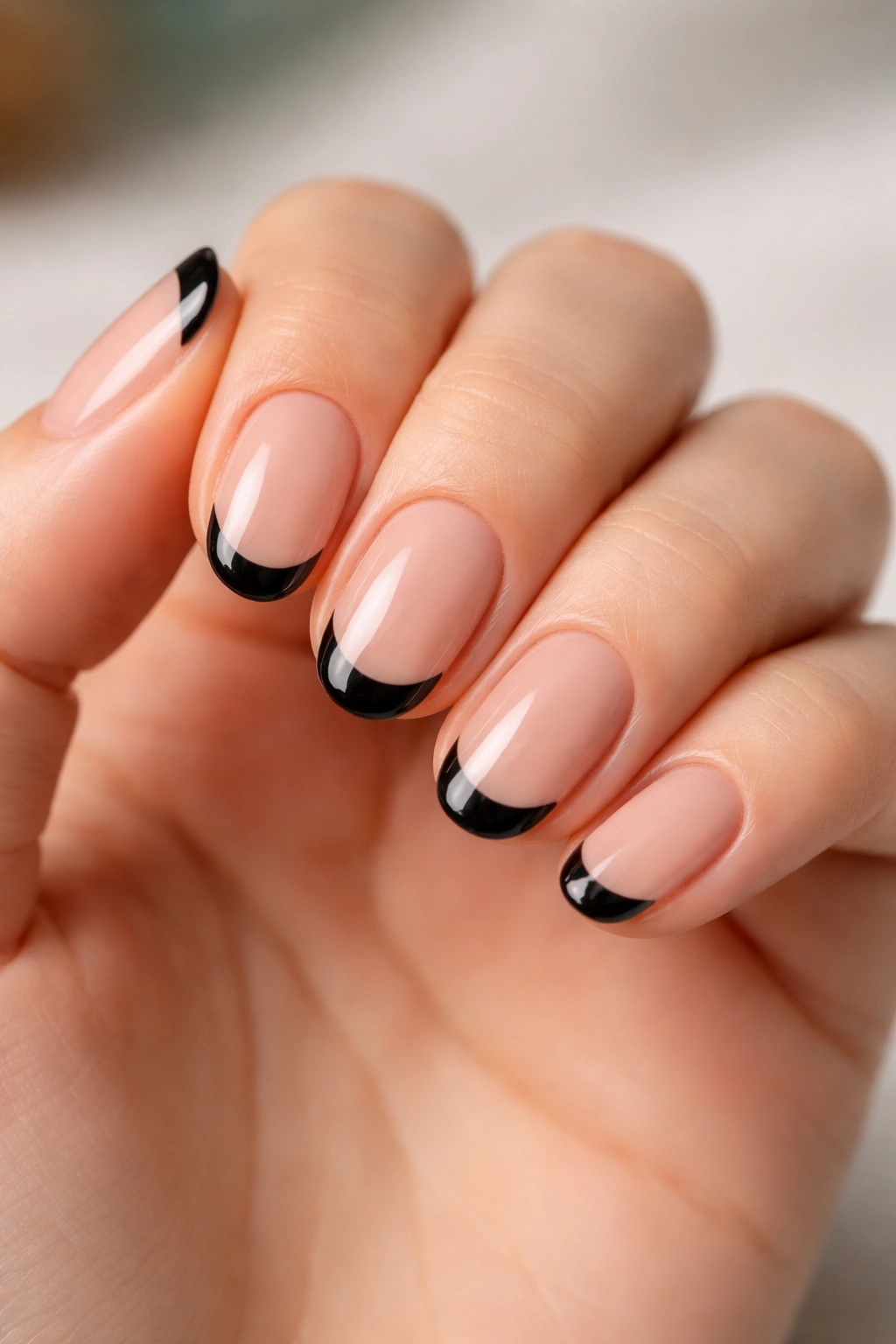 Close-up of a hand with short oval nails displaying crisp black tips and glossy finish