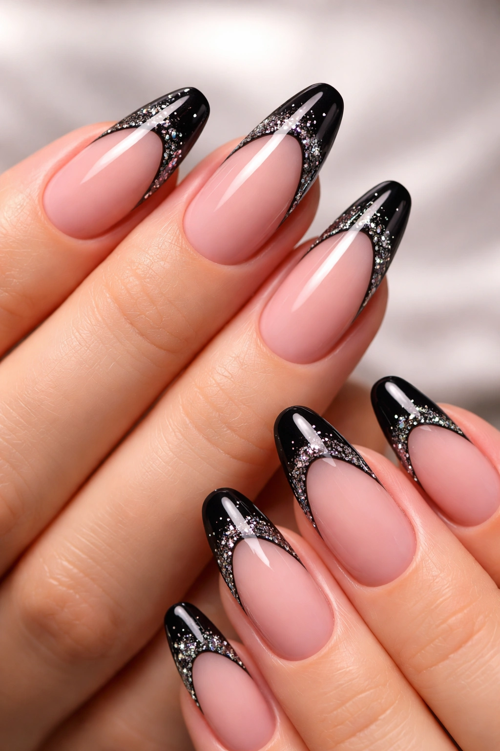 Close-up of nails with black French tips and glitter accents