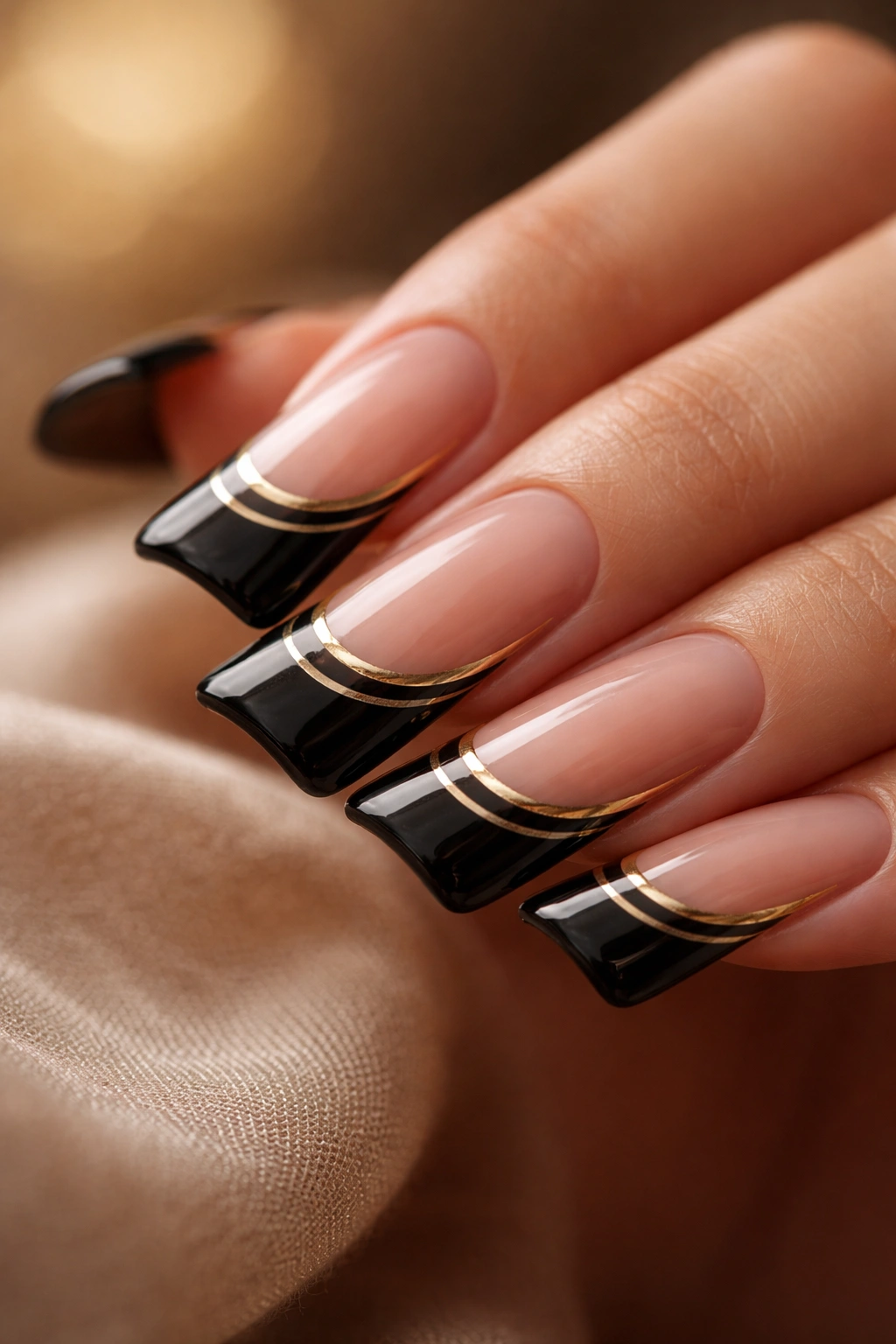 Duck nails with black tips and gold accents along the edge