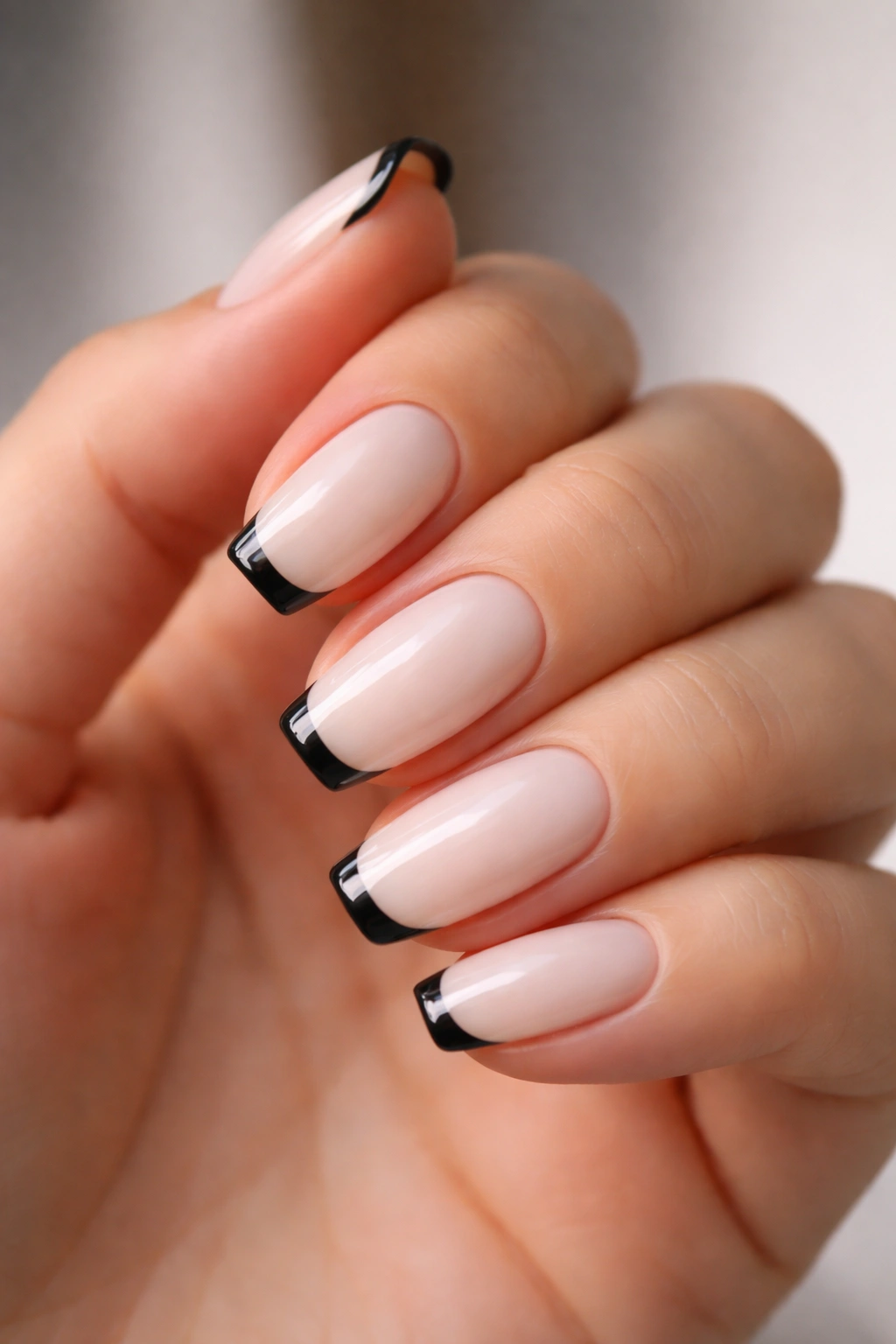 Milky white base with slim black French tips on a ballerina nail