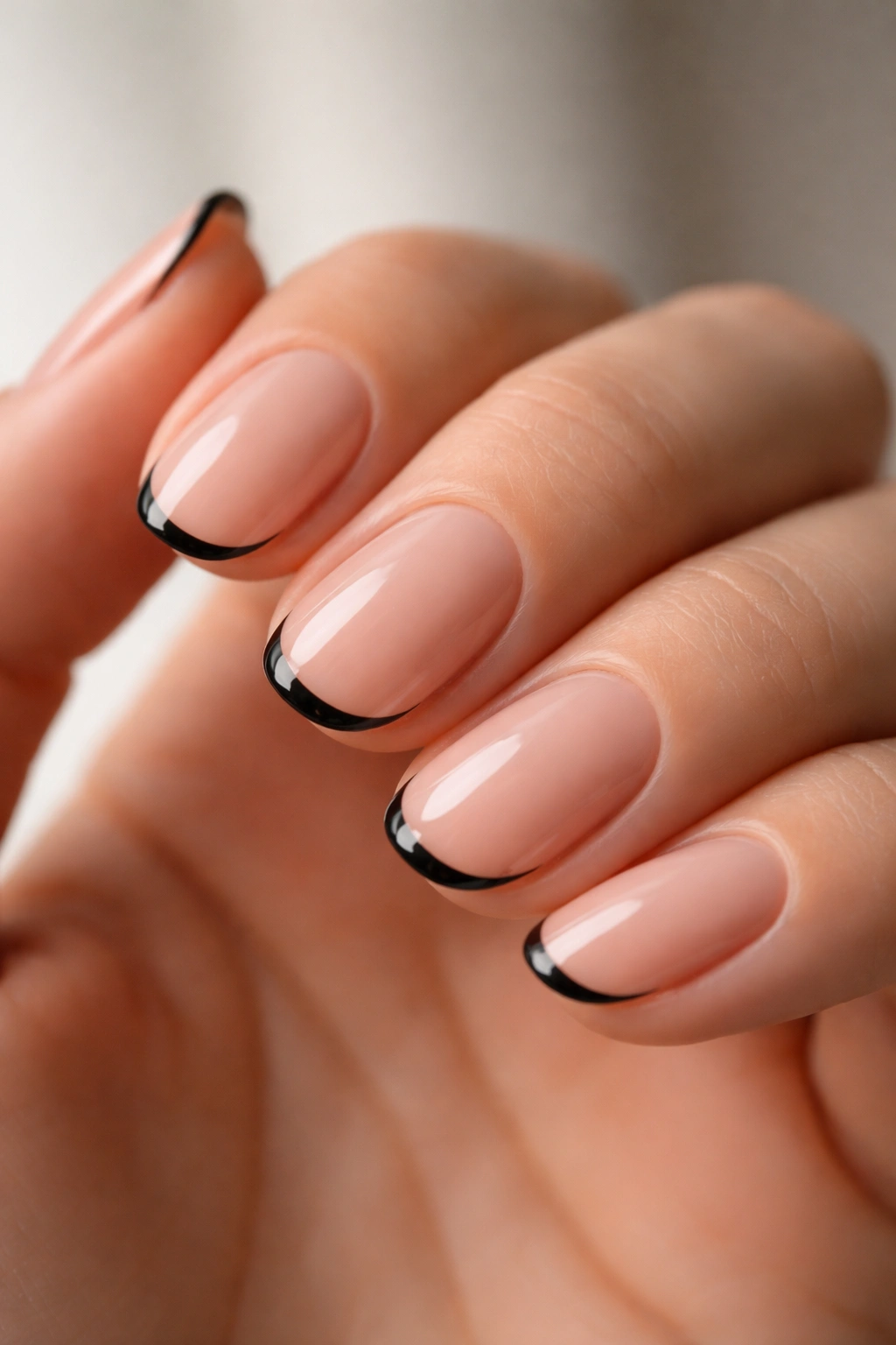 Close-up of short oval nails with black tips on nude base