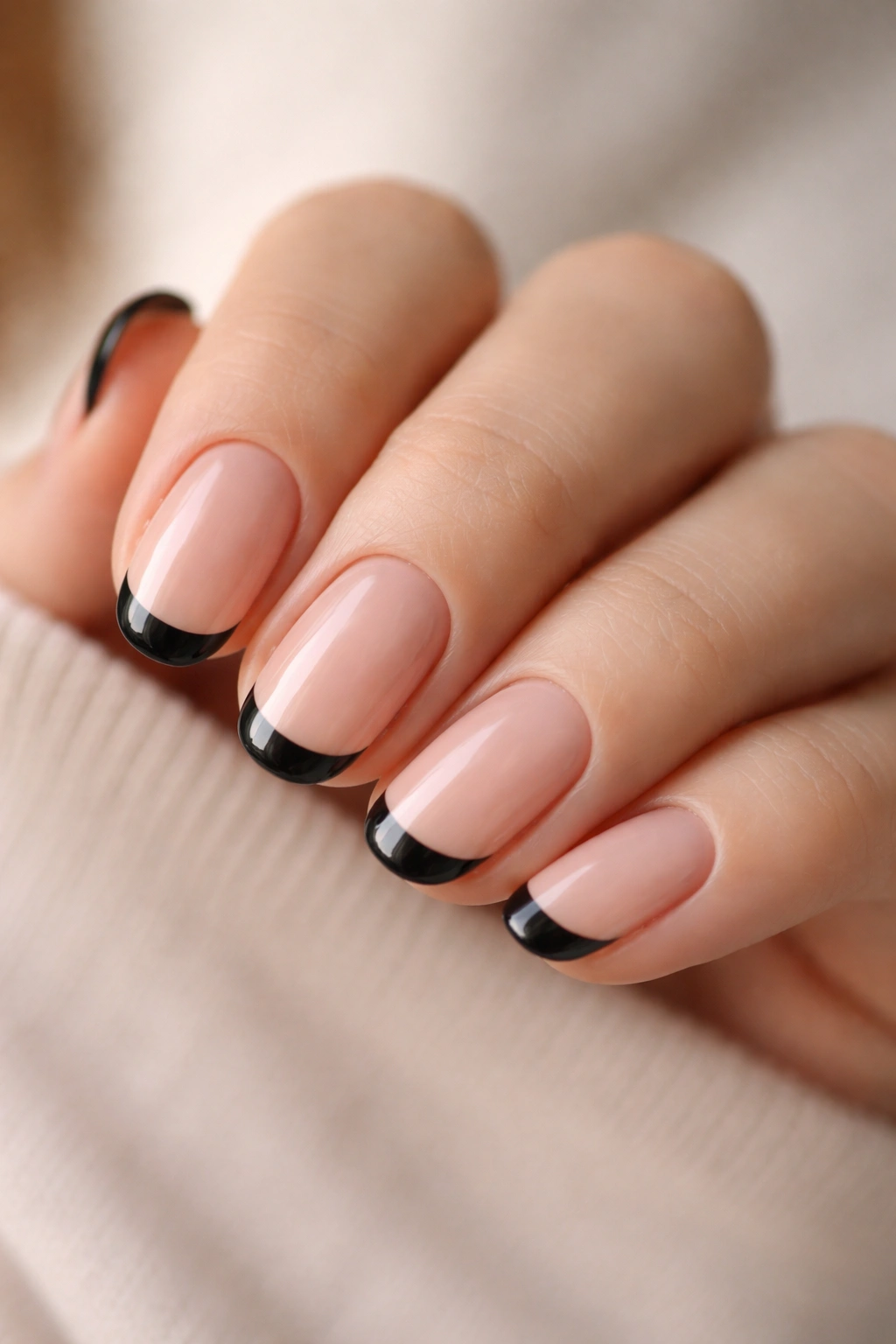 Black-tipped short oval nails on a nude base with a clean background