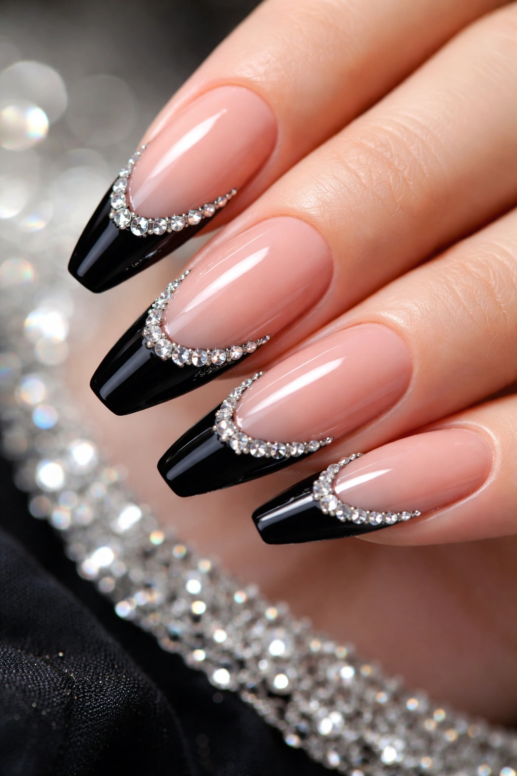 Close-up of nails with black tips and rhinestones along the edge